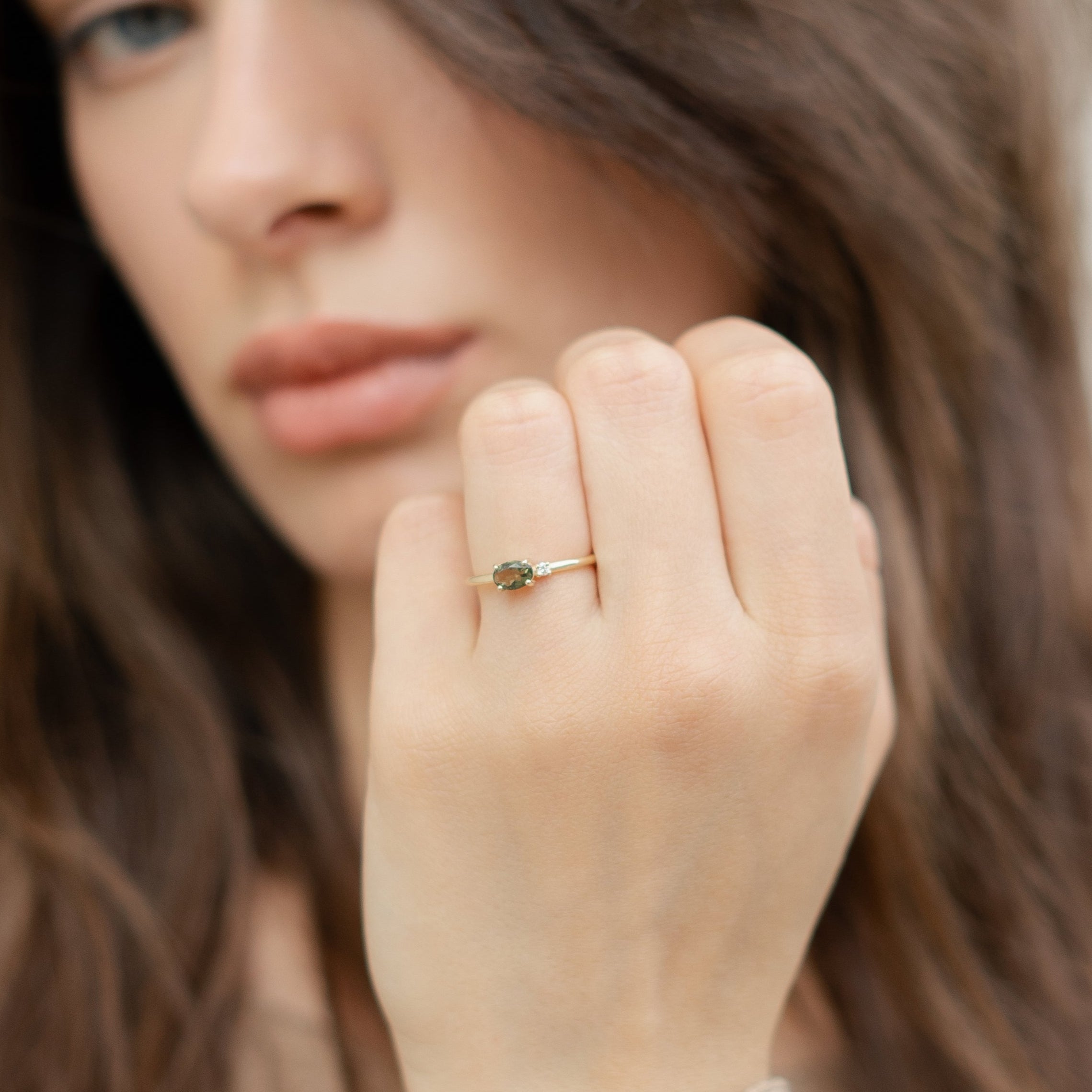 Double Stone Moldavite Ring With Diamond