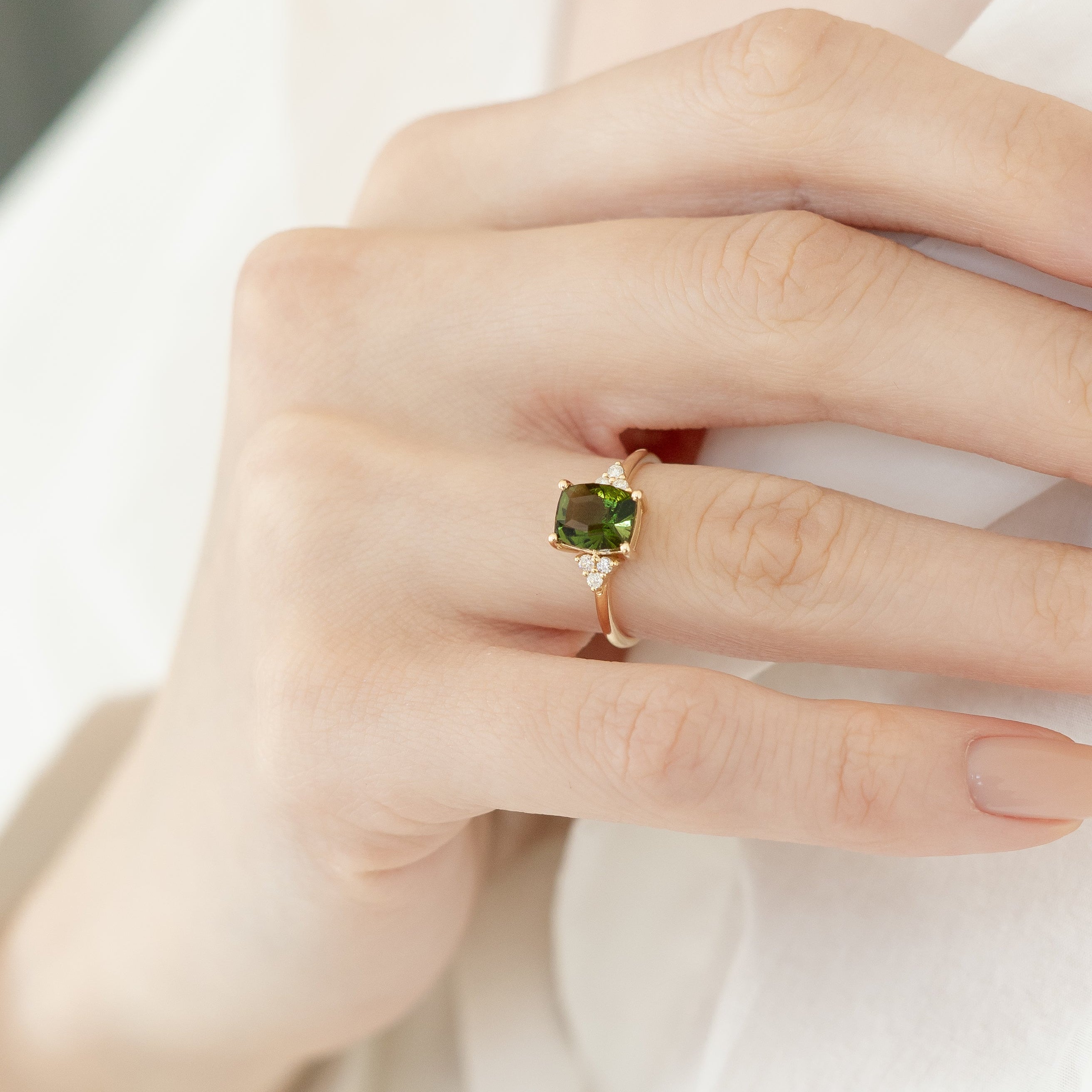 Emerald Cut Moldavite 14K Gold Ring With Diamonds – Solenne