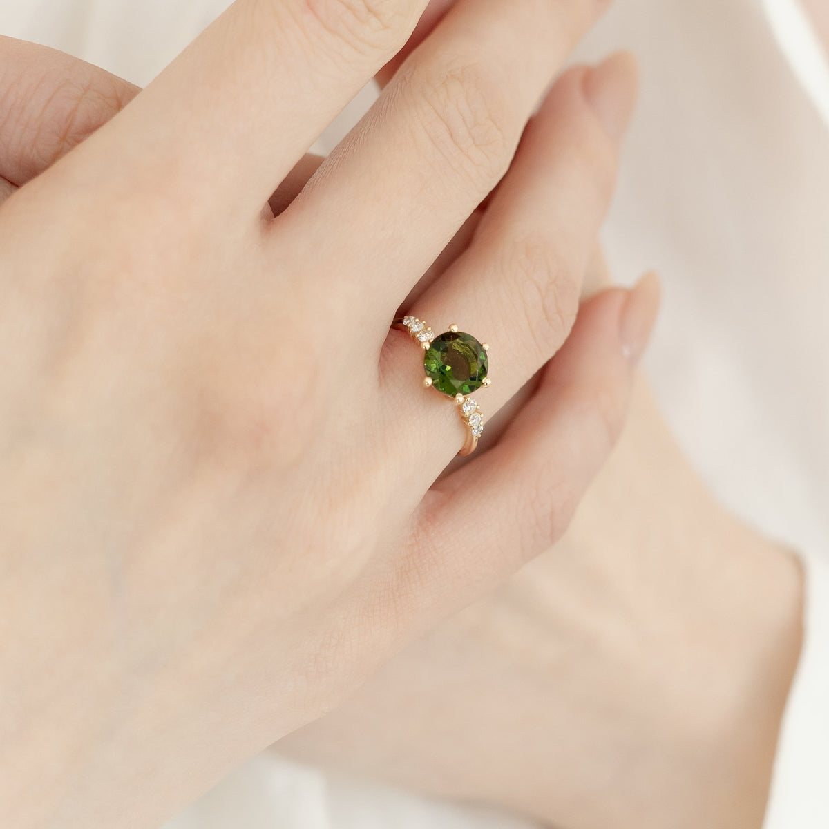 Round Cut Moldavite Engagament Ring With Diamond