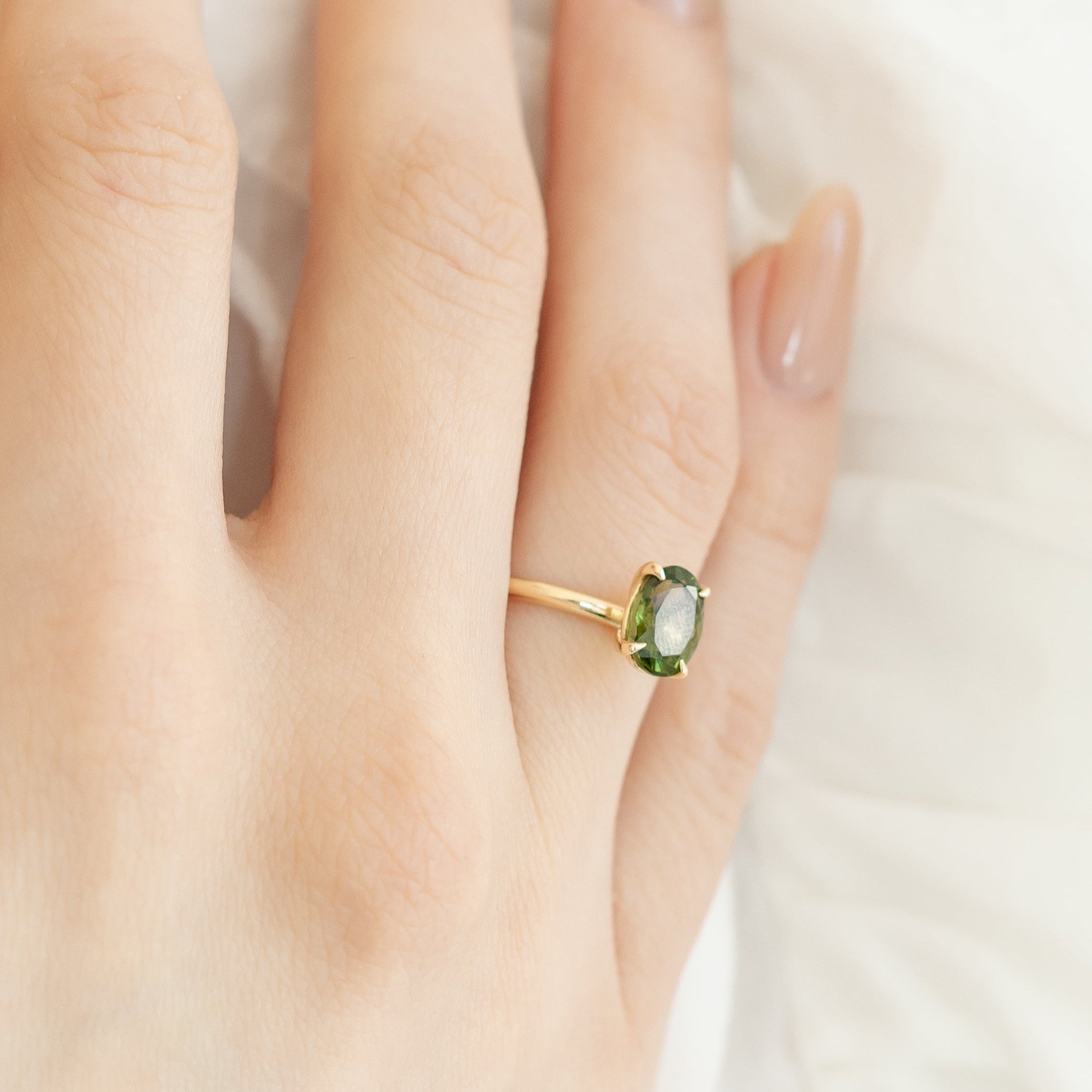 Oval Cut Moldavite Ring In 14K Solid Gold