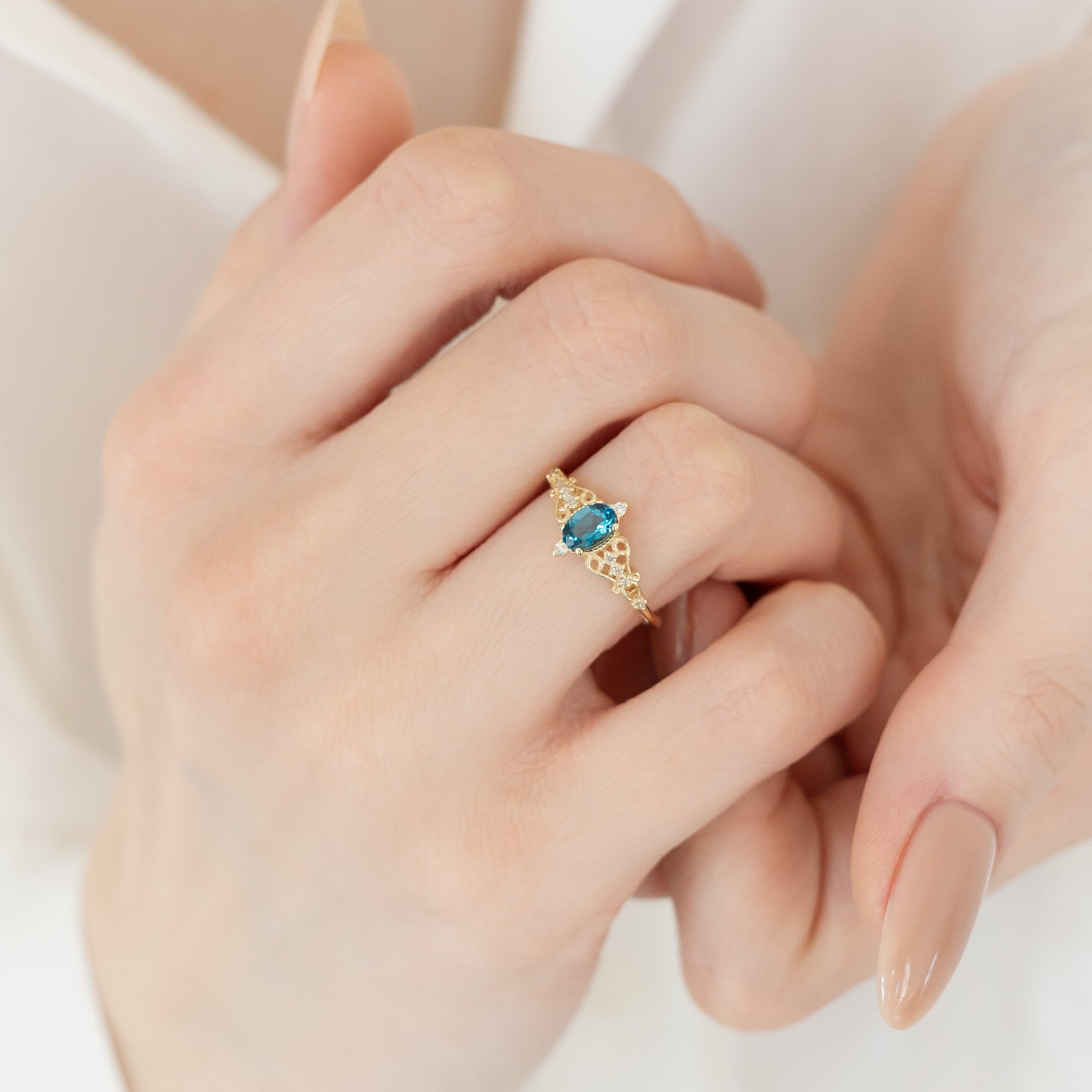 Antique Inspired Blue Topaz Ring With Diamond