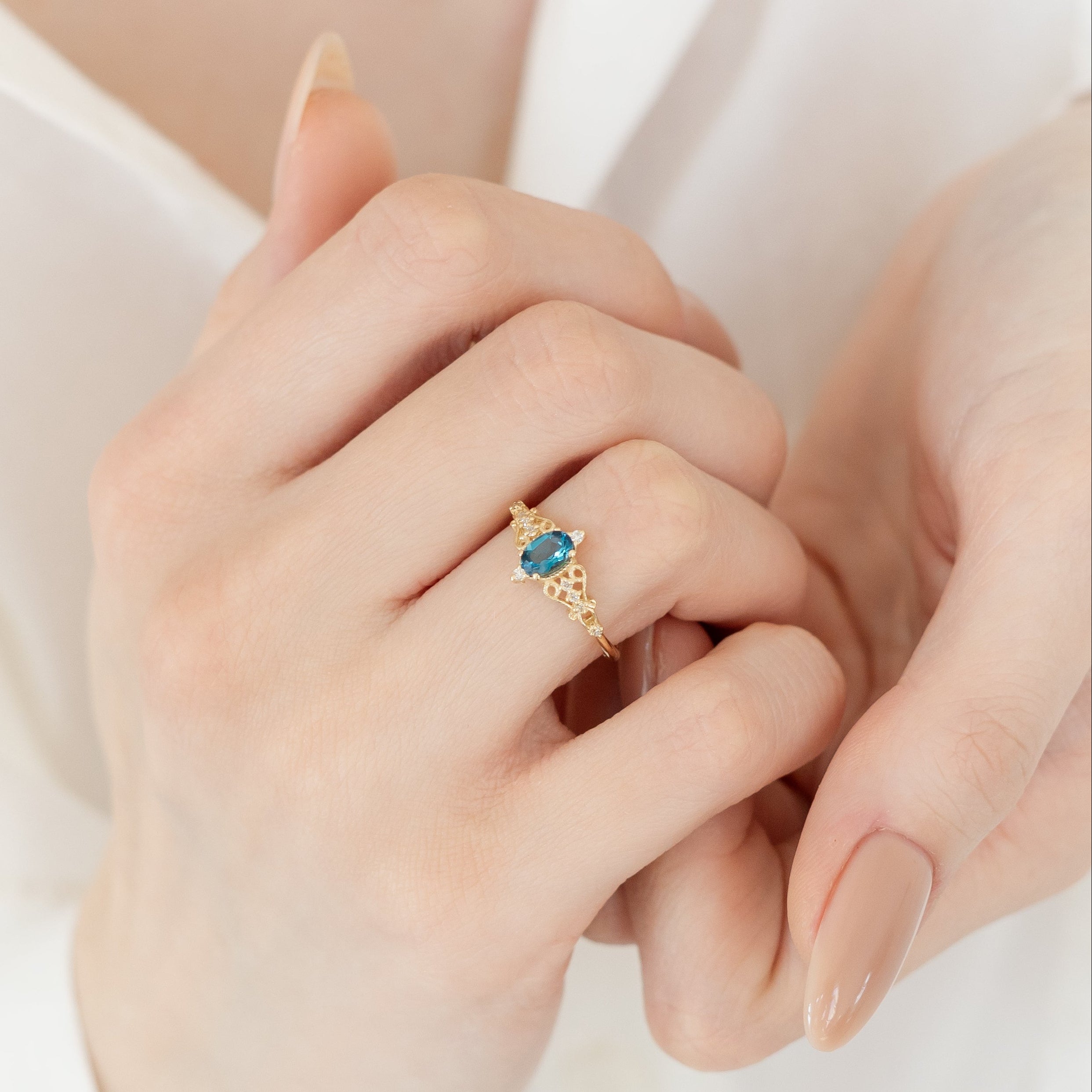 Antique Inspired Blue Topaz Ring With Diamond