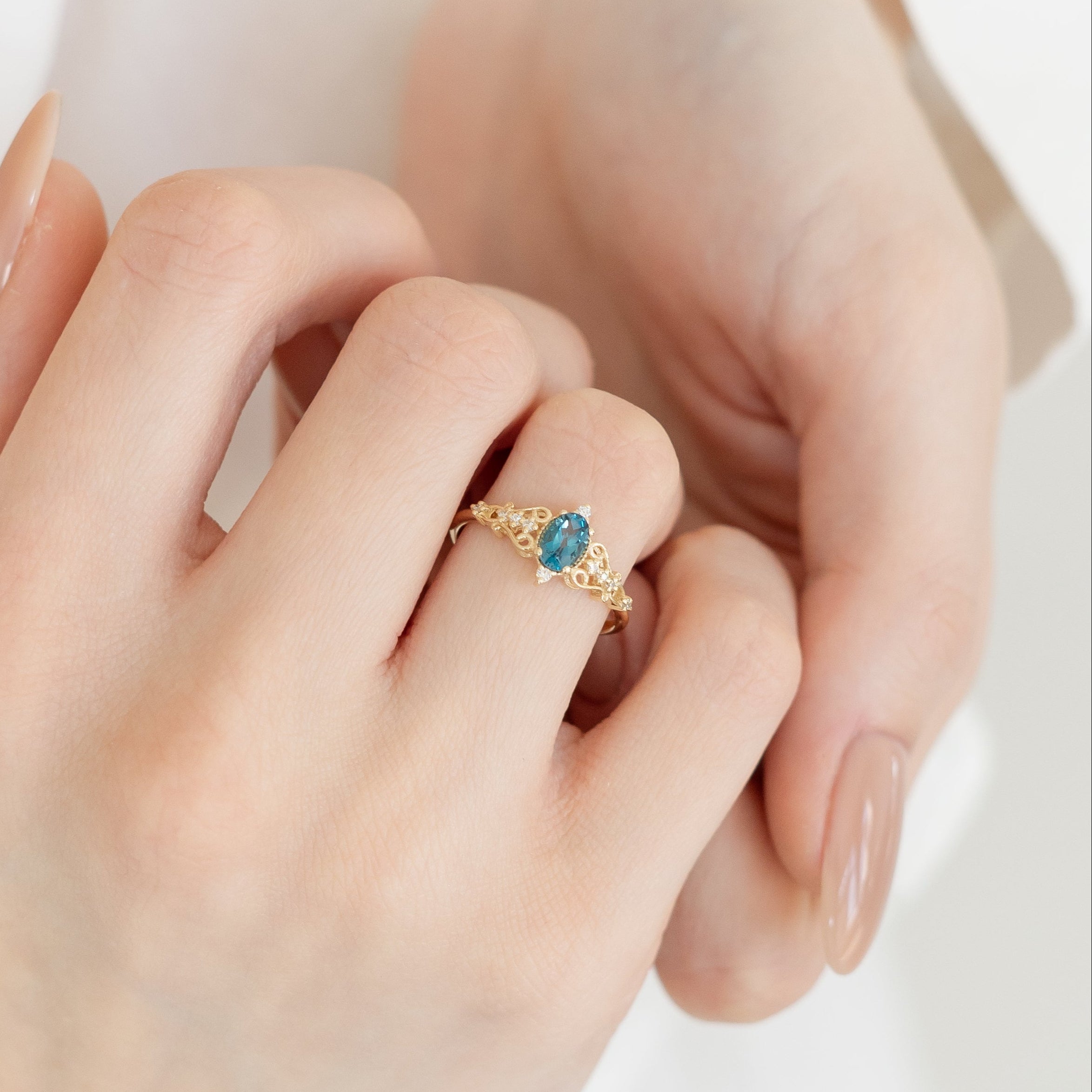 Antique Inspired Blue Topaz Ring With Diamond