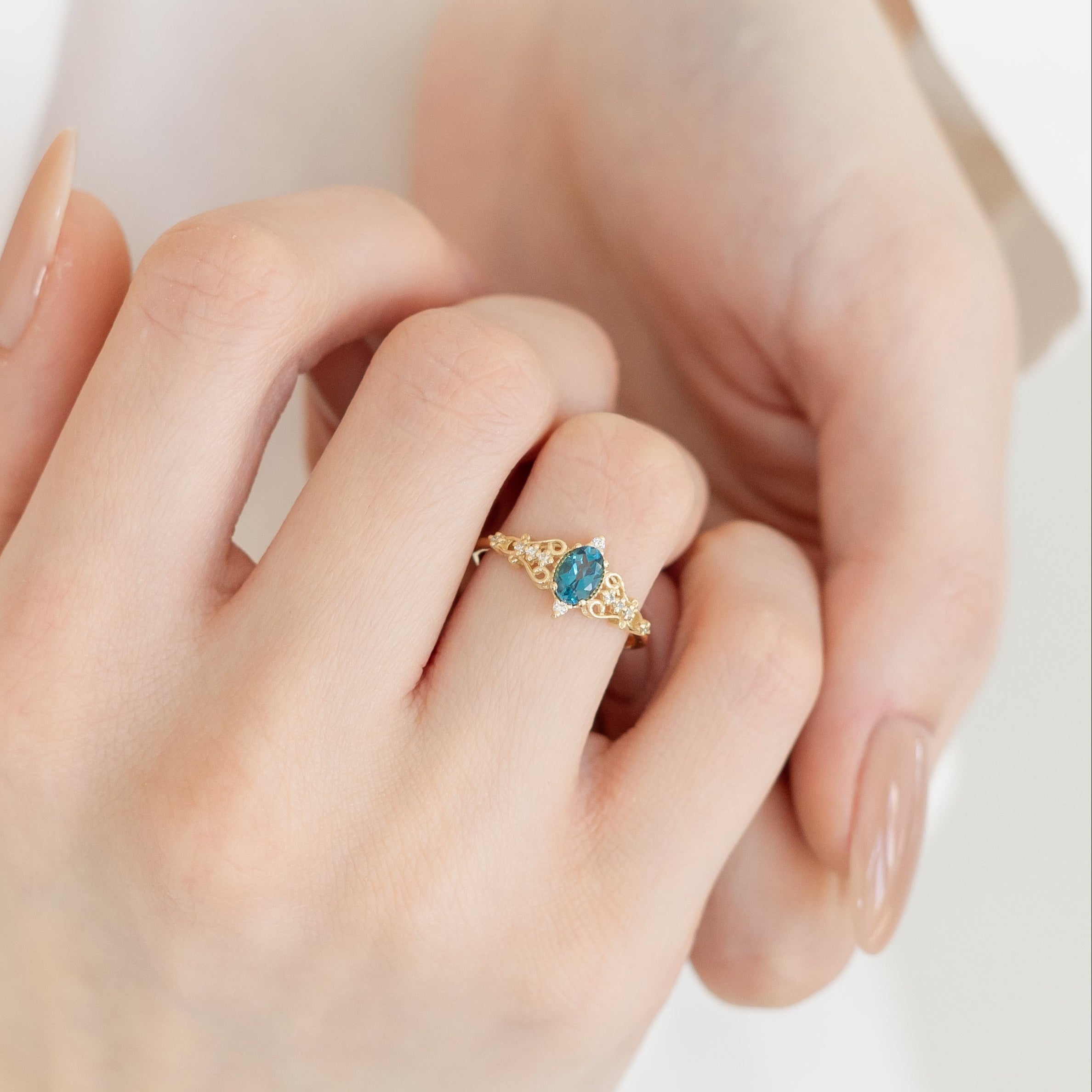 Antique Inspired Blue Topaz Ring With Diamond