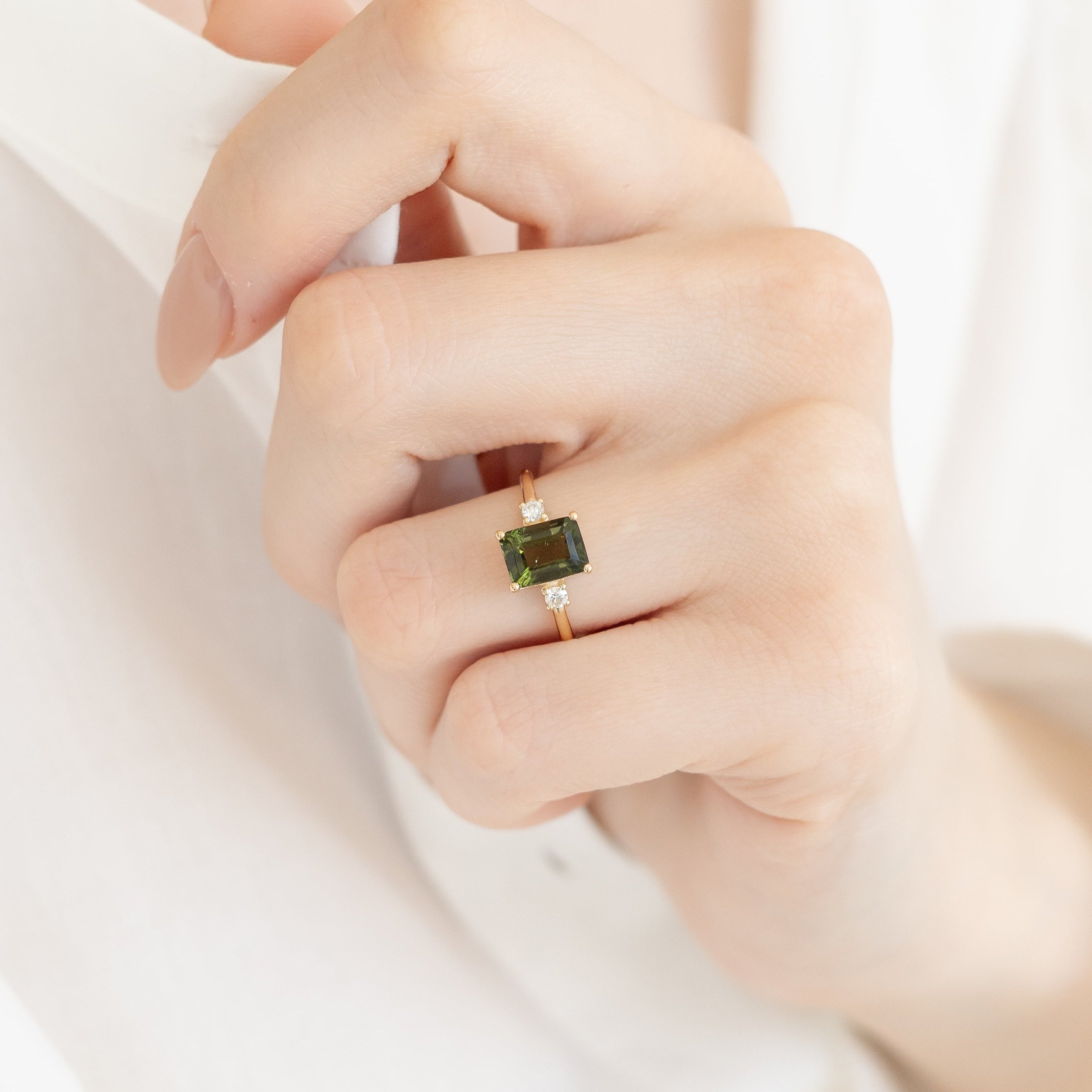 Emerald Cut Moldavite Engagement Ring With Diamond