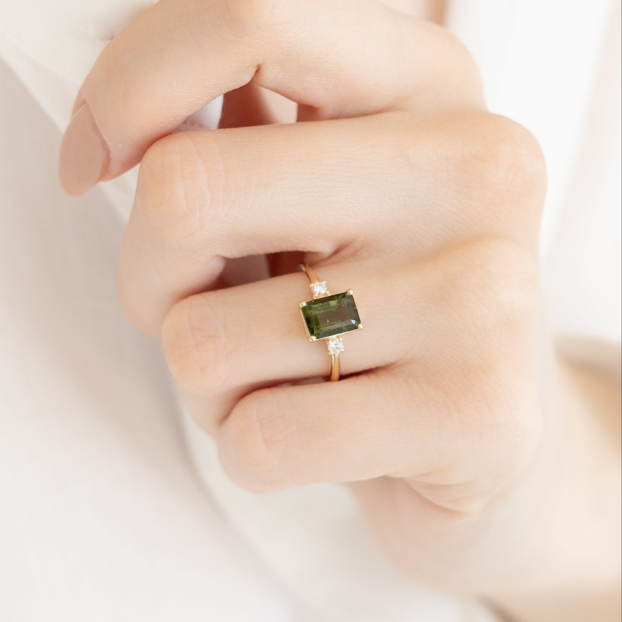 Emerald Cut Moldavite Engagement Ring With Diamond