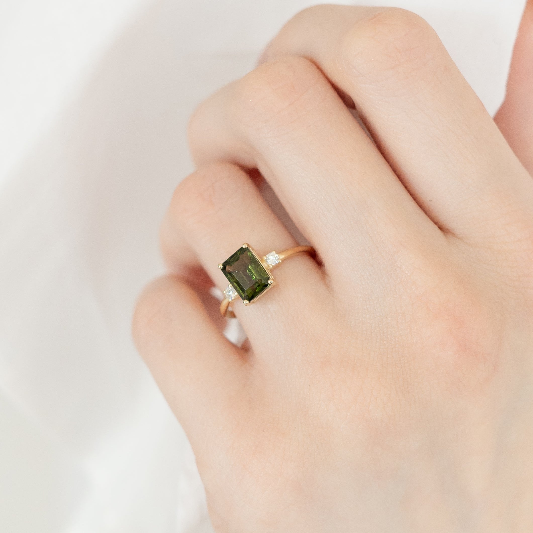 Emerald Cut Moldavite Engagement Ring With Diamond