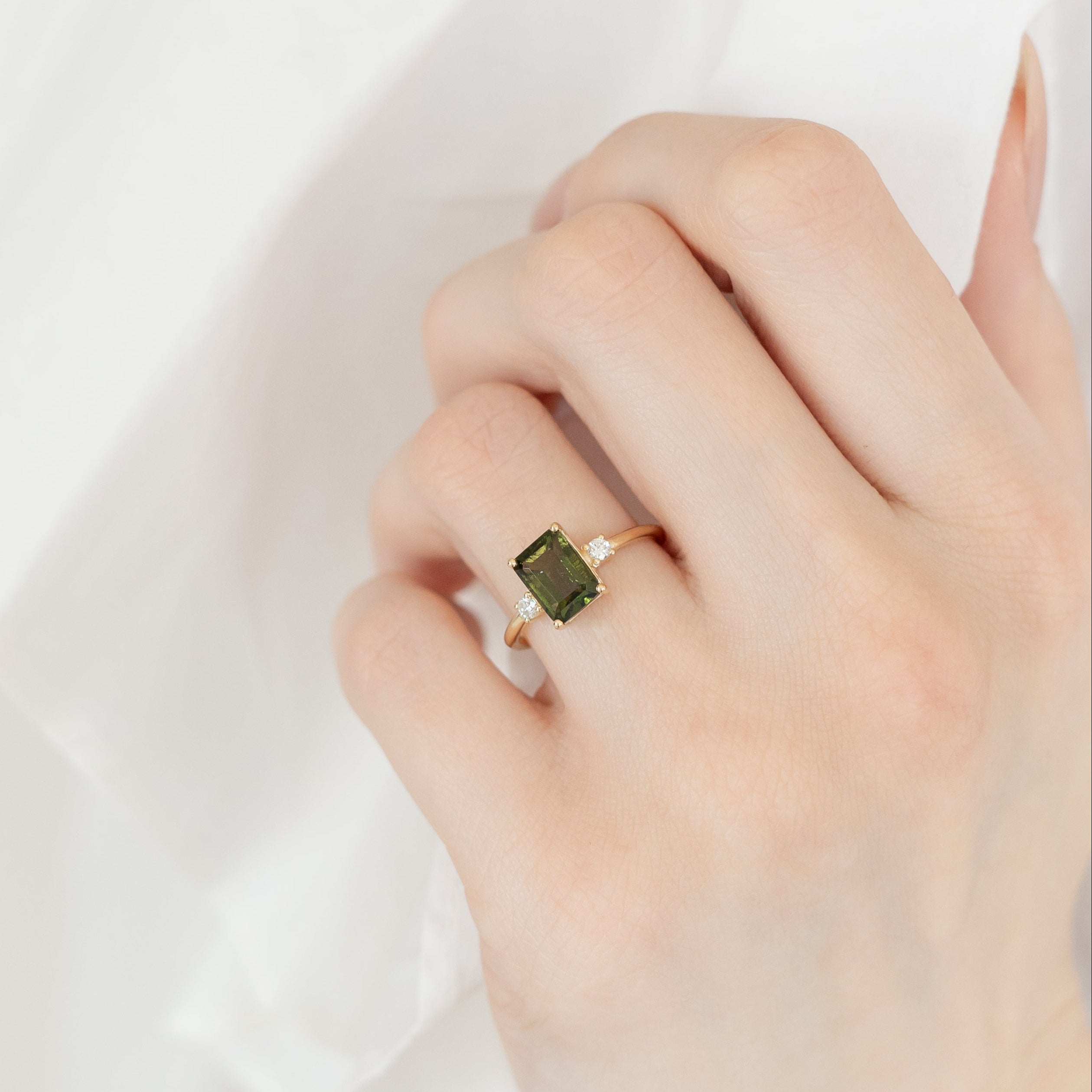 Emerald Cut Moldavite Engagement Ring With Diamond