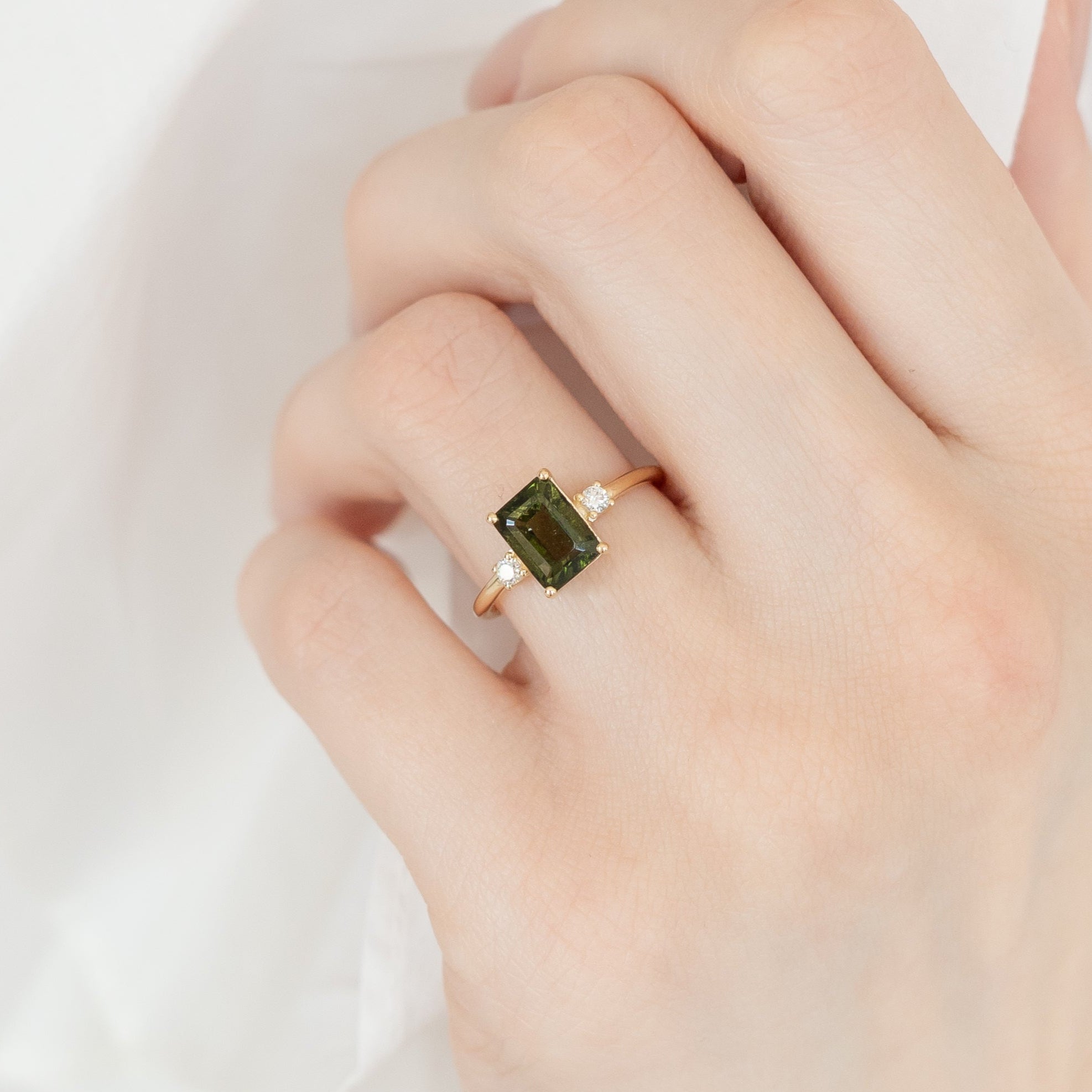 Emerald Cut Moldavite Engagement Ring With Diamond