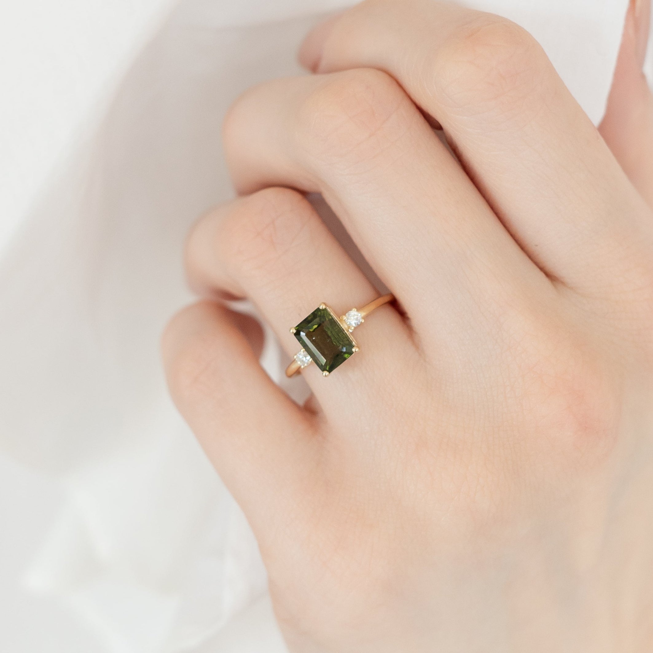 Emerald Cut Moldavite Engagement Ring With Diamond