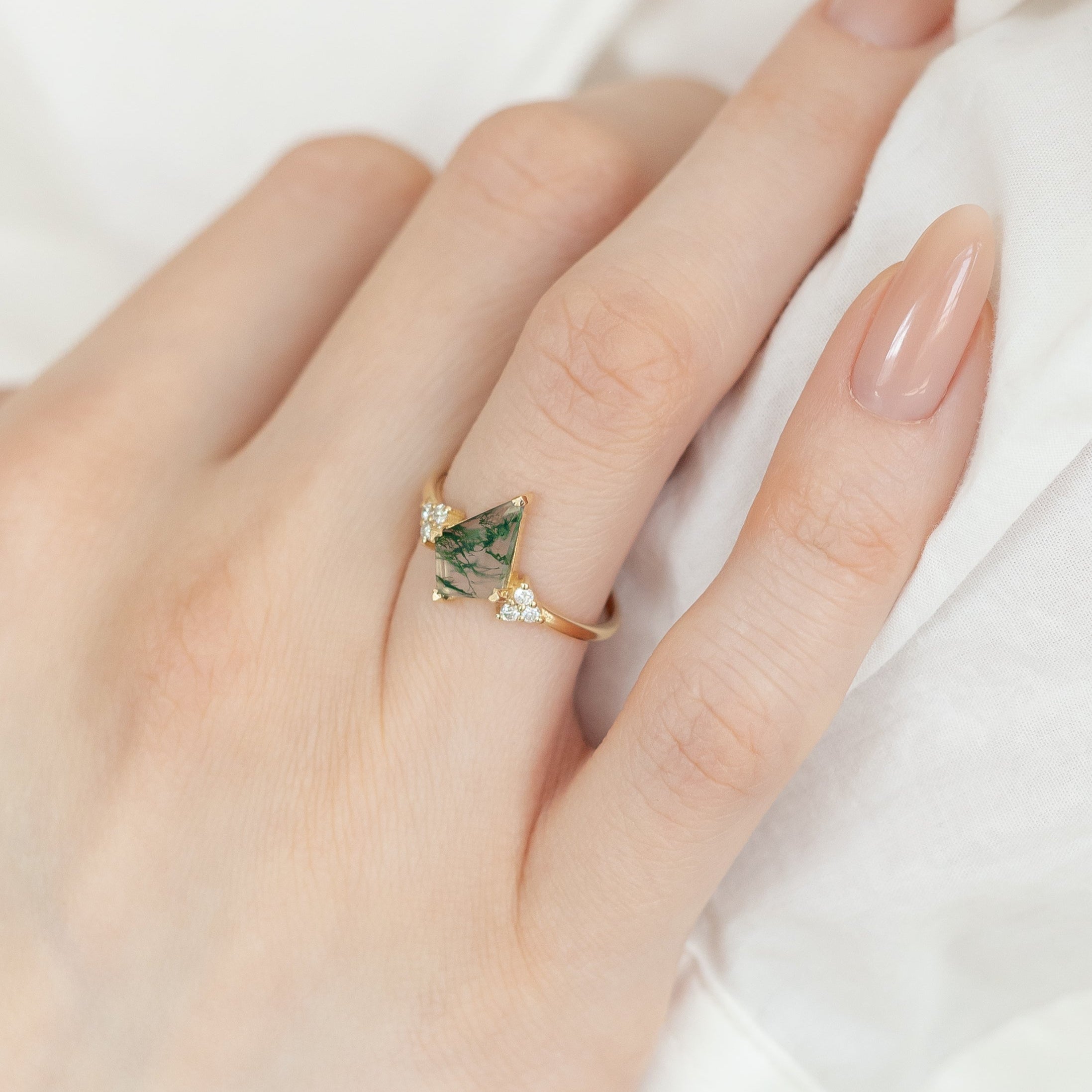 Kite Cut Moss Agate Engagement Ring With Diamond