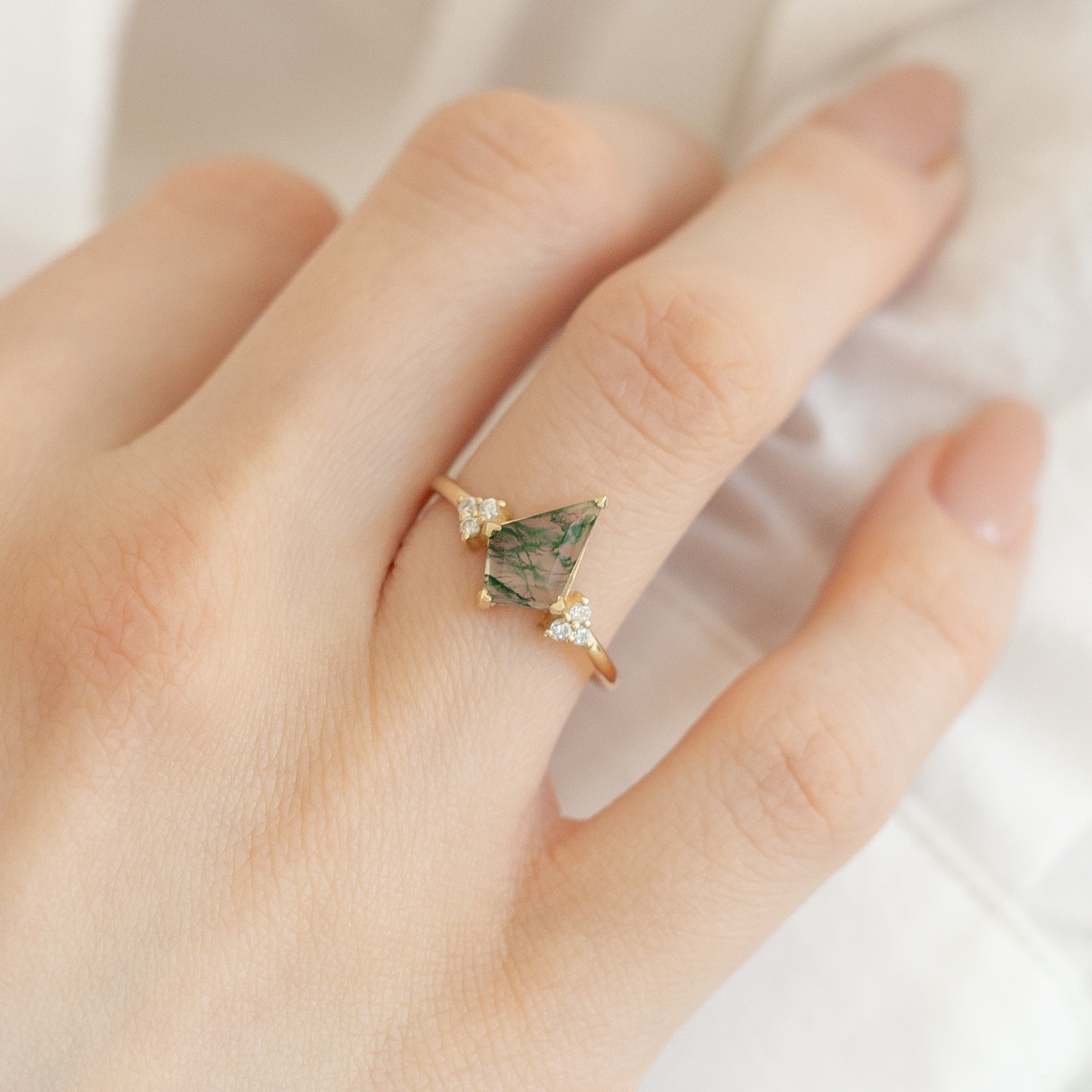 Kite Cut Moss Agate Engagement Ring With Diamond