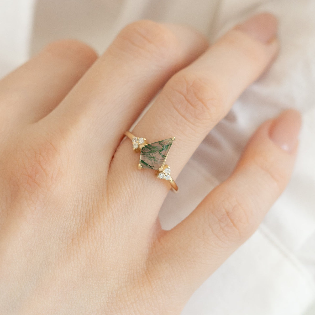 Kite Cut Moss Agate Engagement Ring With Diamond - Solenne