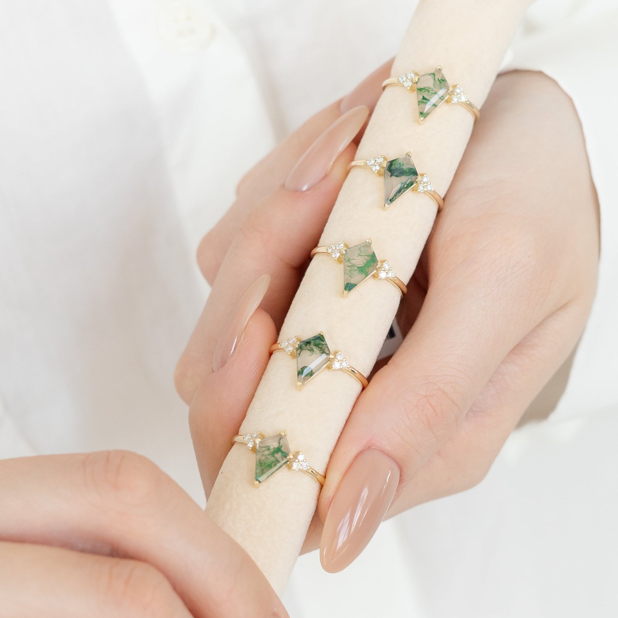 Kite Cut Moss Agate Engagement Ring With Diamond