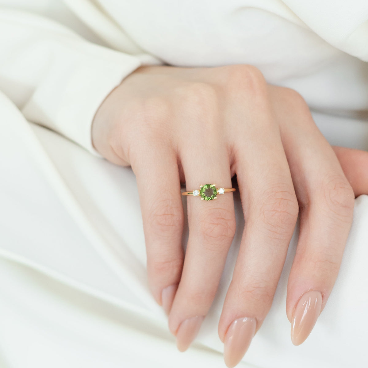 Faceted Moldavite & Diamond Ring – Trinity