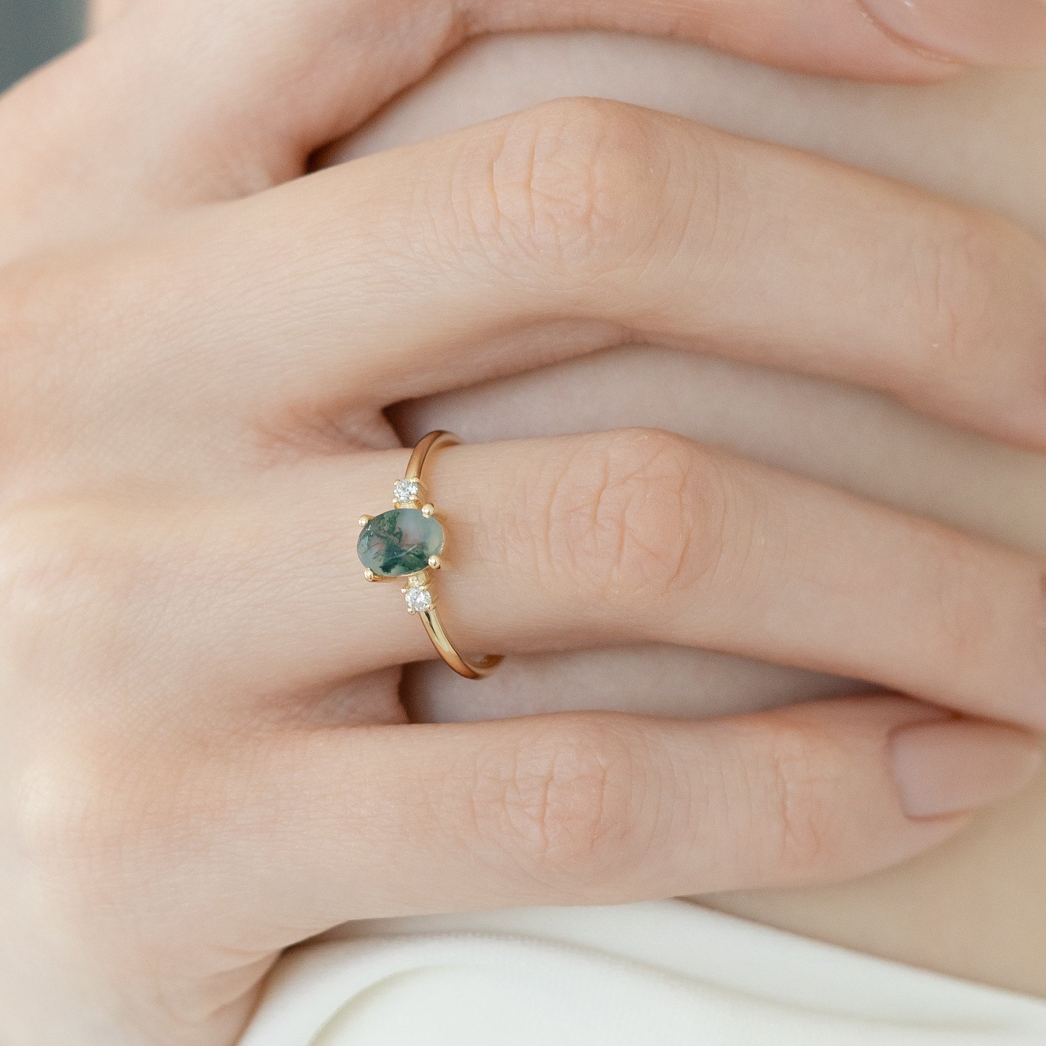Oval Moss Agate Engagement Ring With Diamond - Trinity