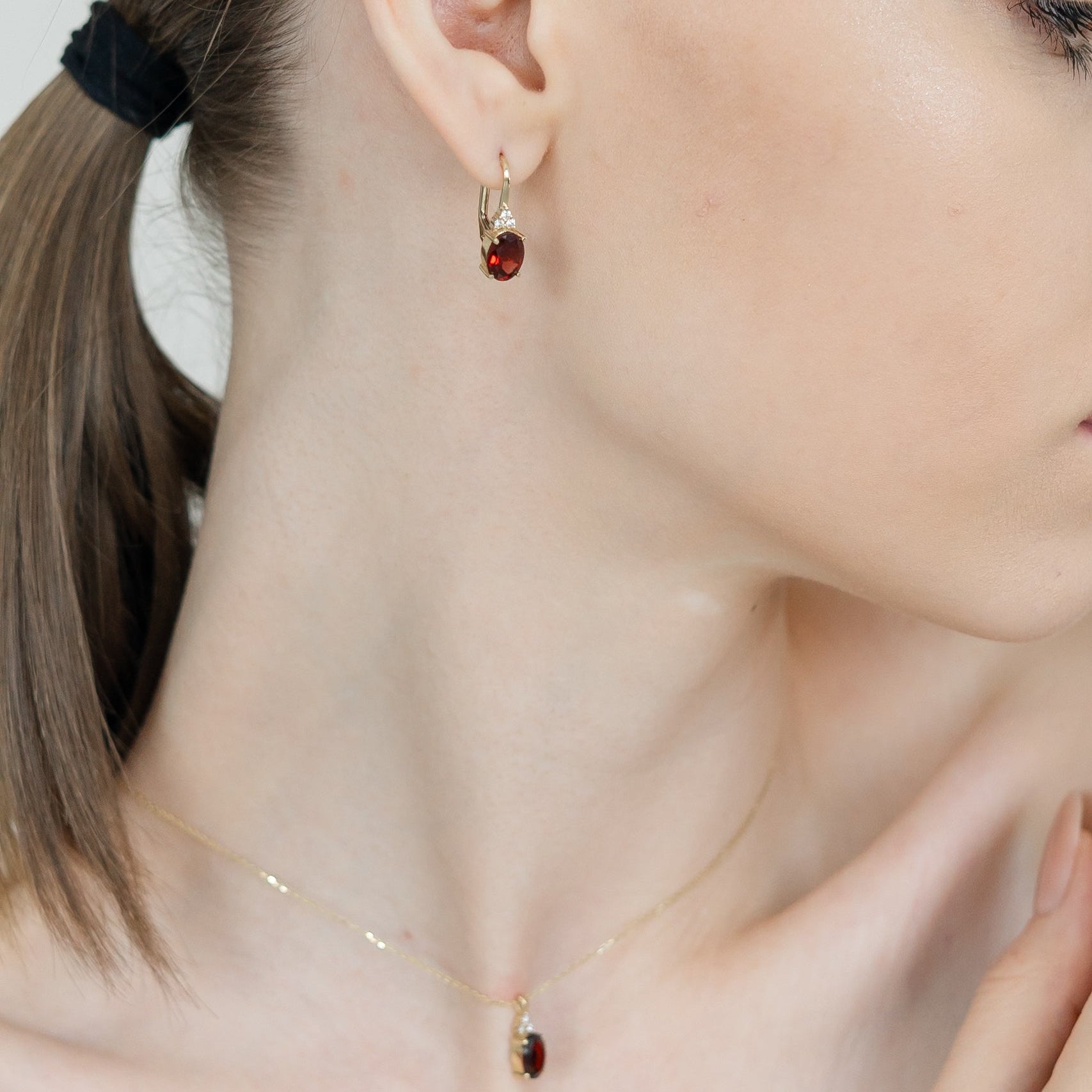 14k Gold Garnet Drop Earrings with Diamonds
