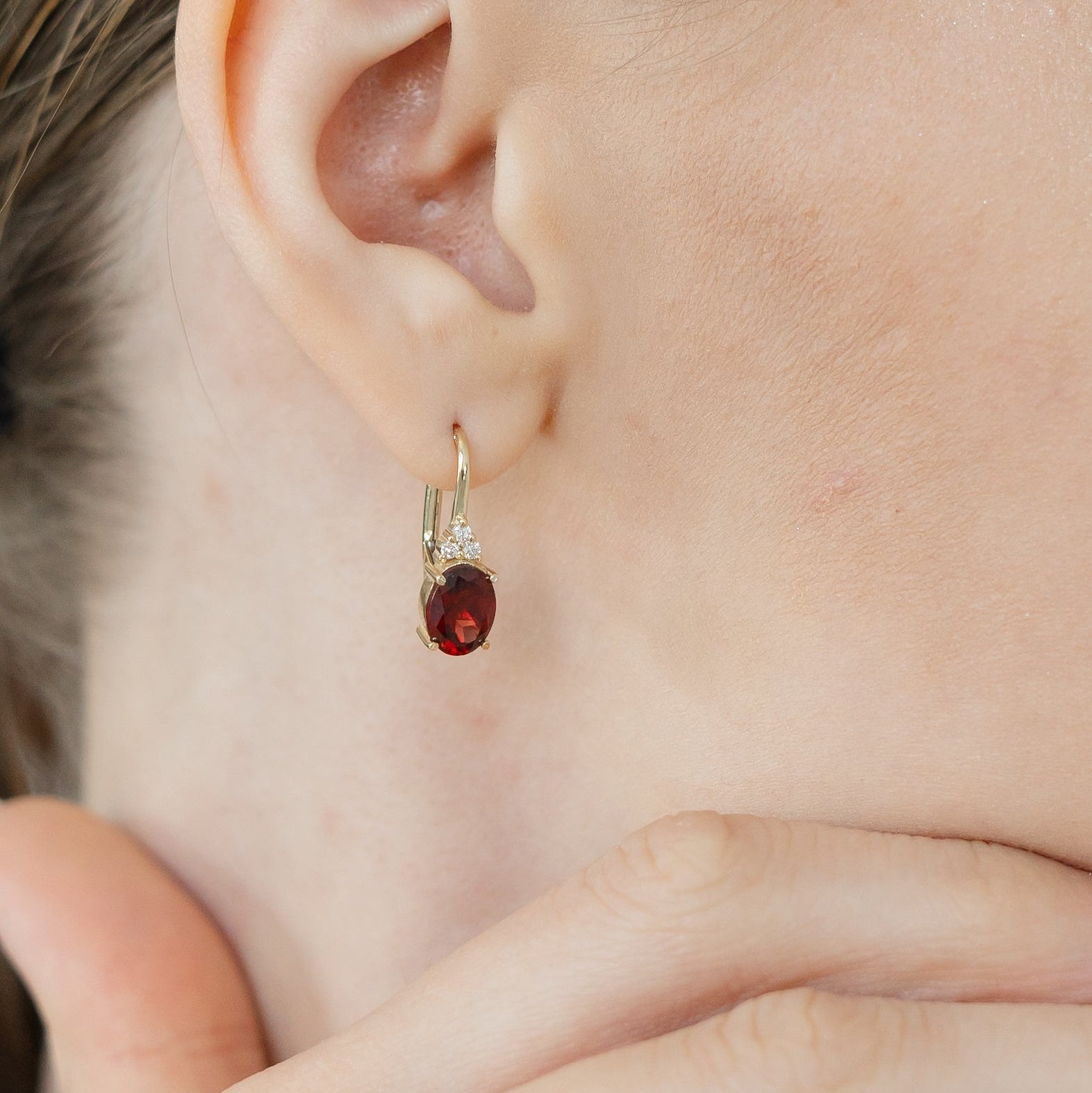 14k Gold Garnet Drop Earrings with Diamonds