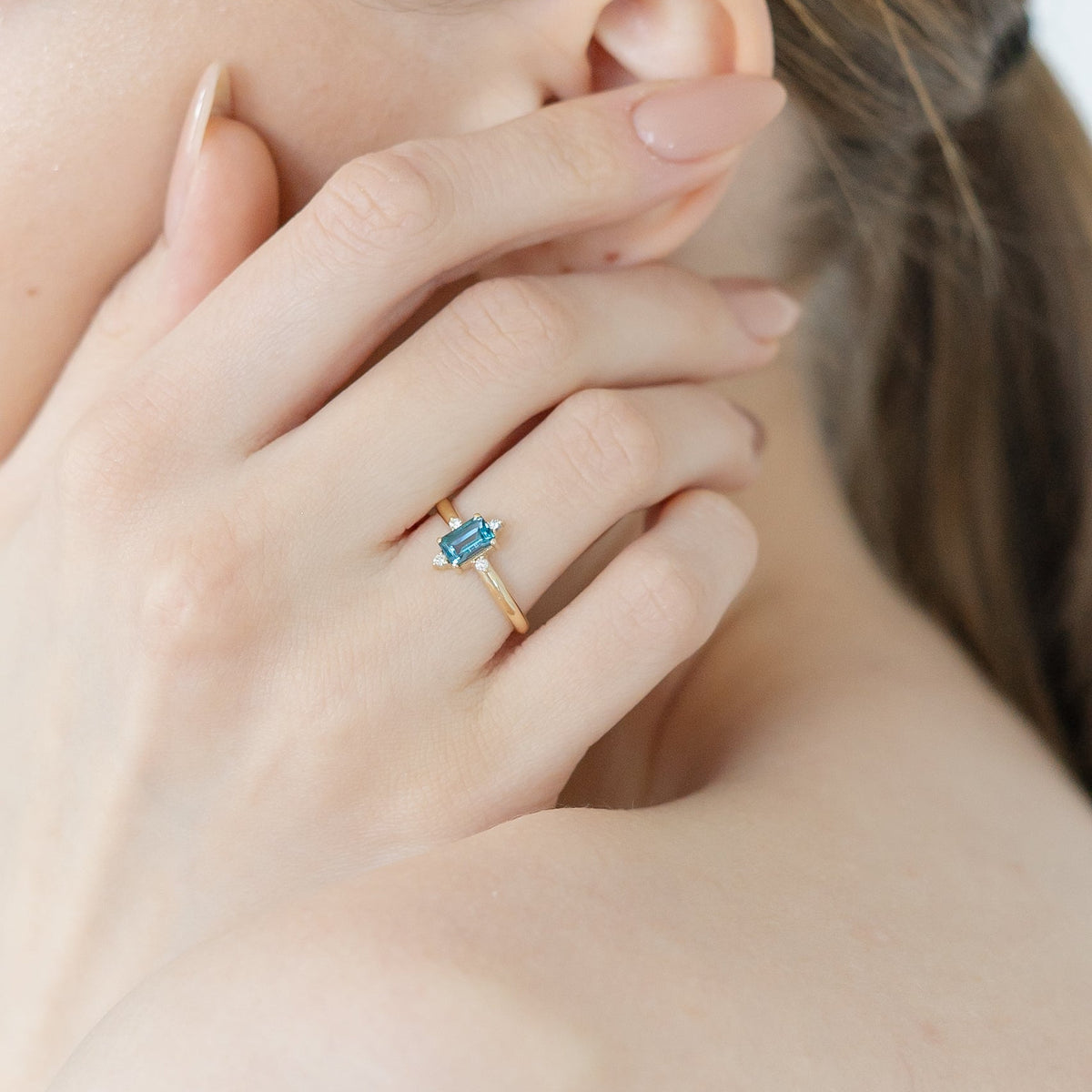Art Deco Blue Topaz Engagement Ring With Diamond