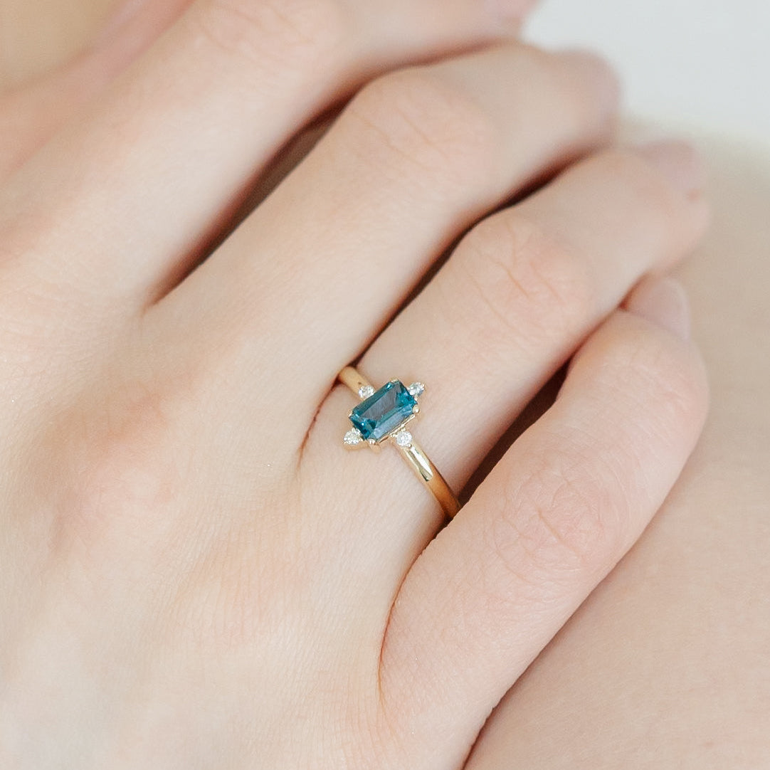 Art Deco Blue Topaz Engagement Ring With Diamond