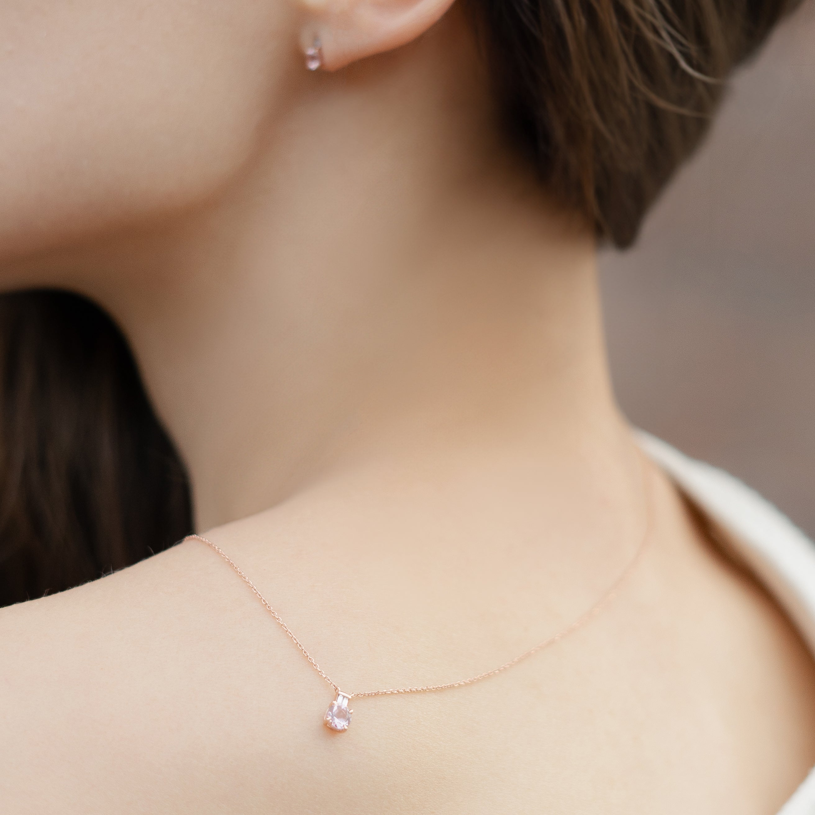 Dainty Morganite Necklace with Baguette Diamonds