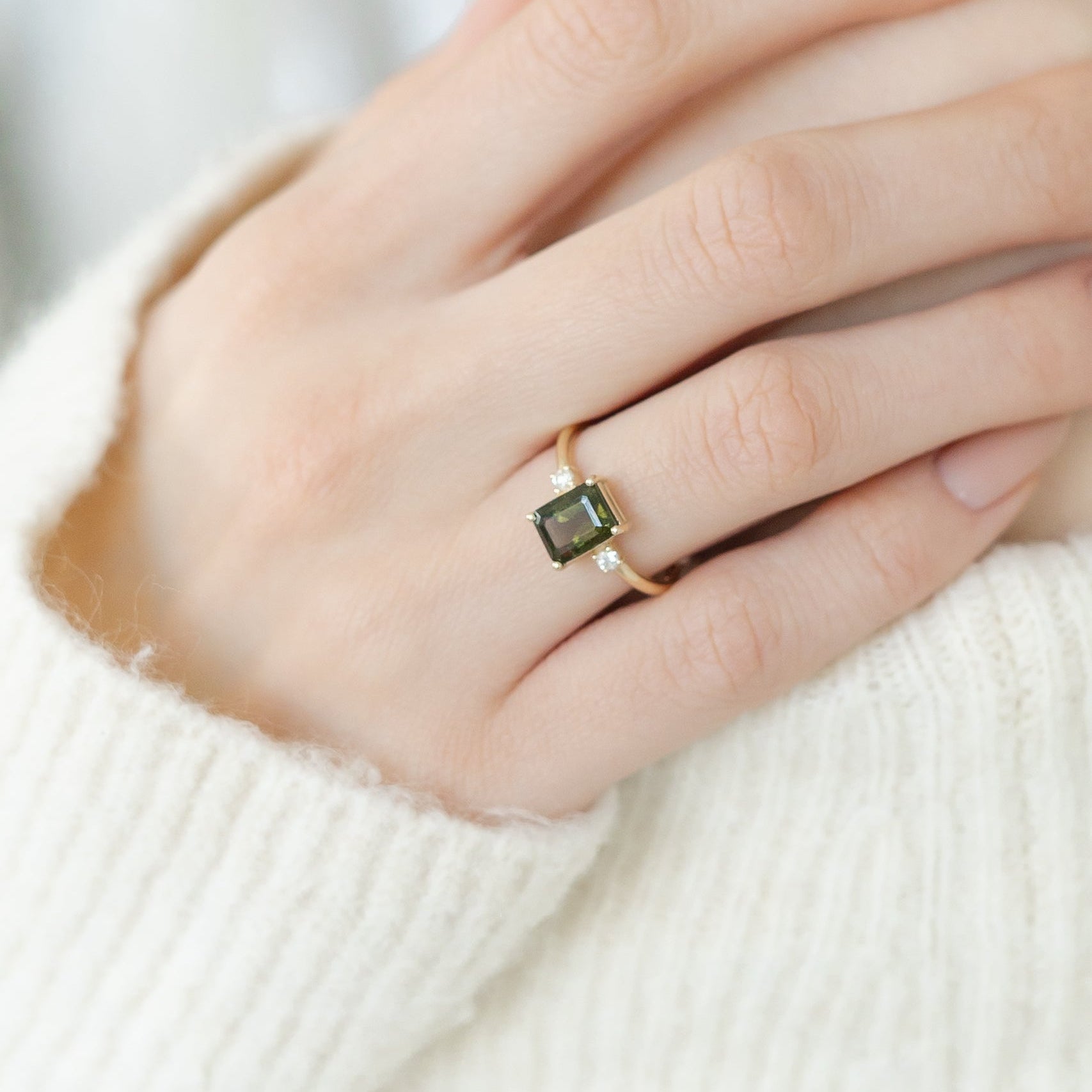 Emerald Cut Moldavite Engagement Ring With Diamonds - Trinity