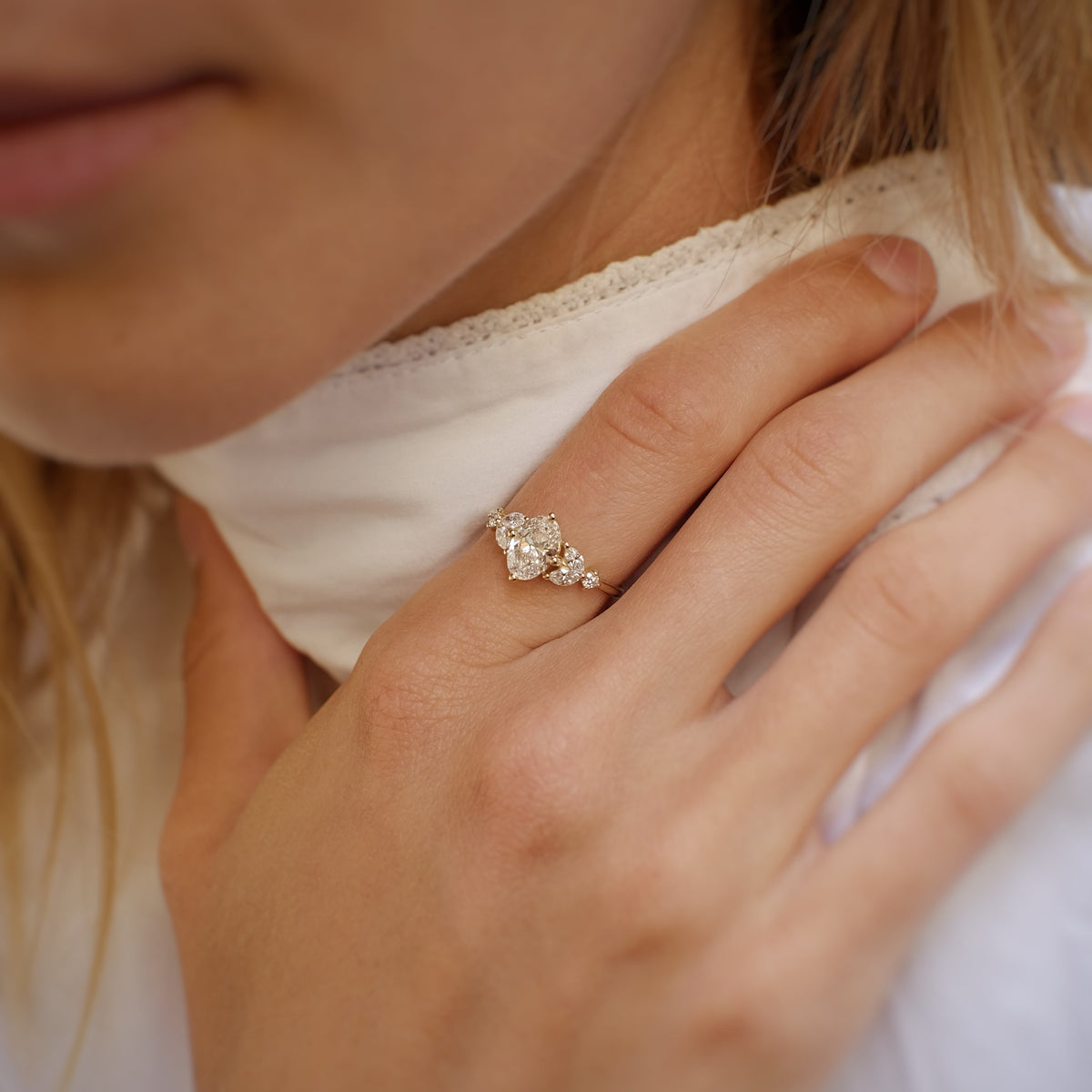 Oval Cut Diamond Engagement Ring with Marquise Side Diamonds - Lab Grown