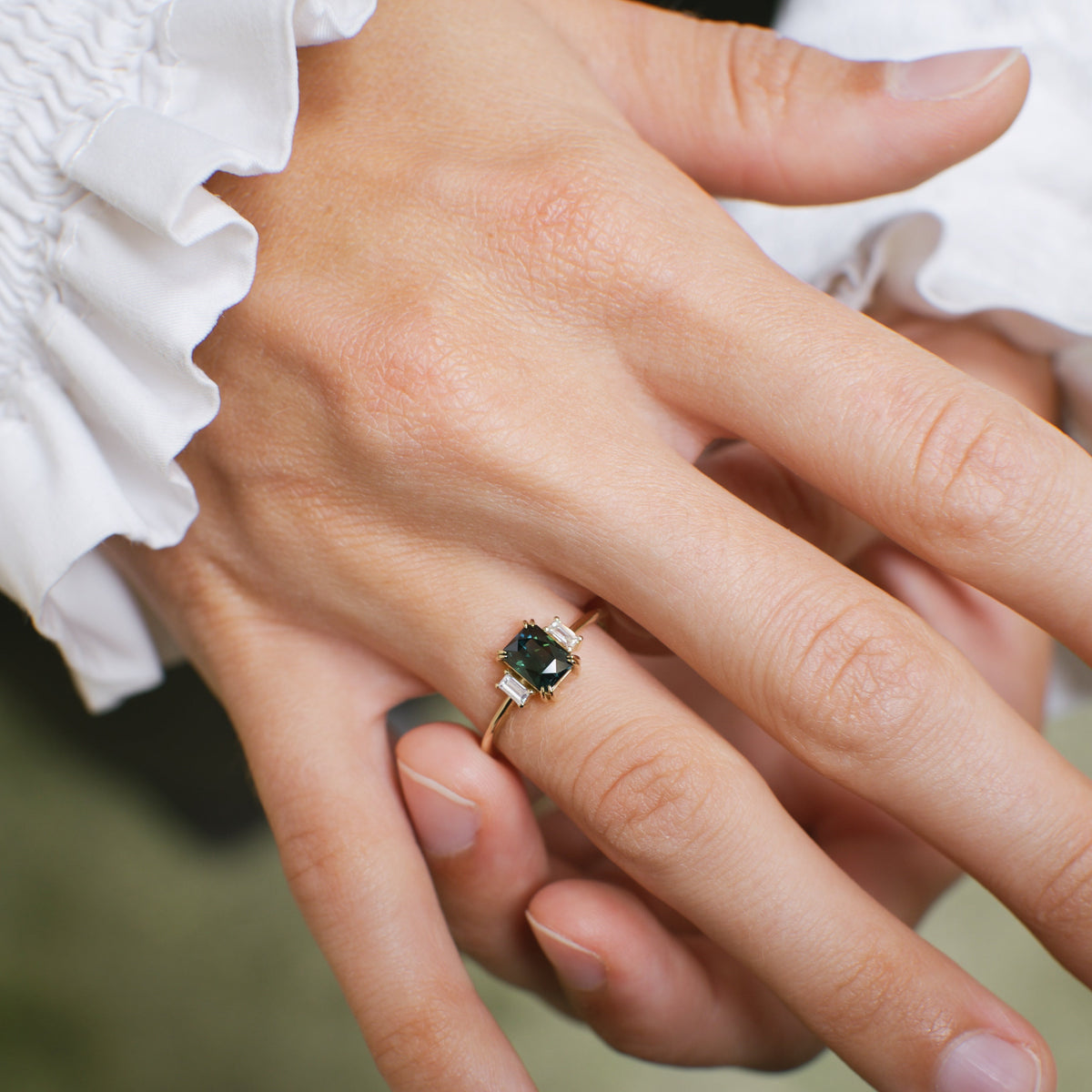 Emerald Cut Teal Sapphire & Baguette Diamond Ring - Trinity