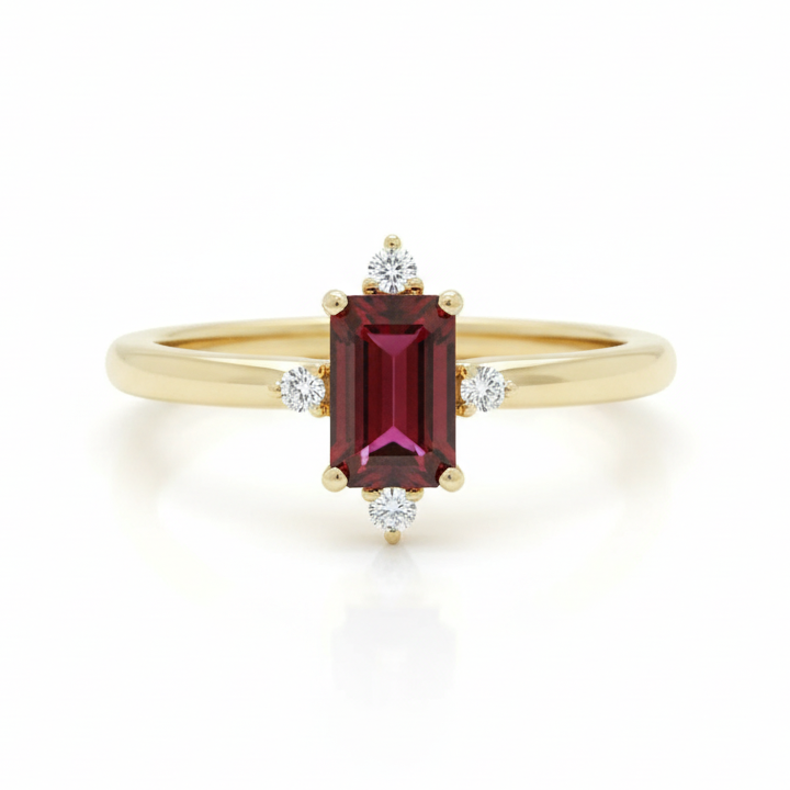 Emerald Cut Garnet Ring With Diamond
