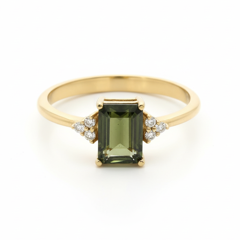 Emerald Cut Moldavite 14K Gold Ring With Diamonds