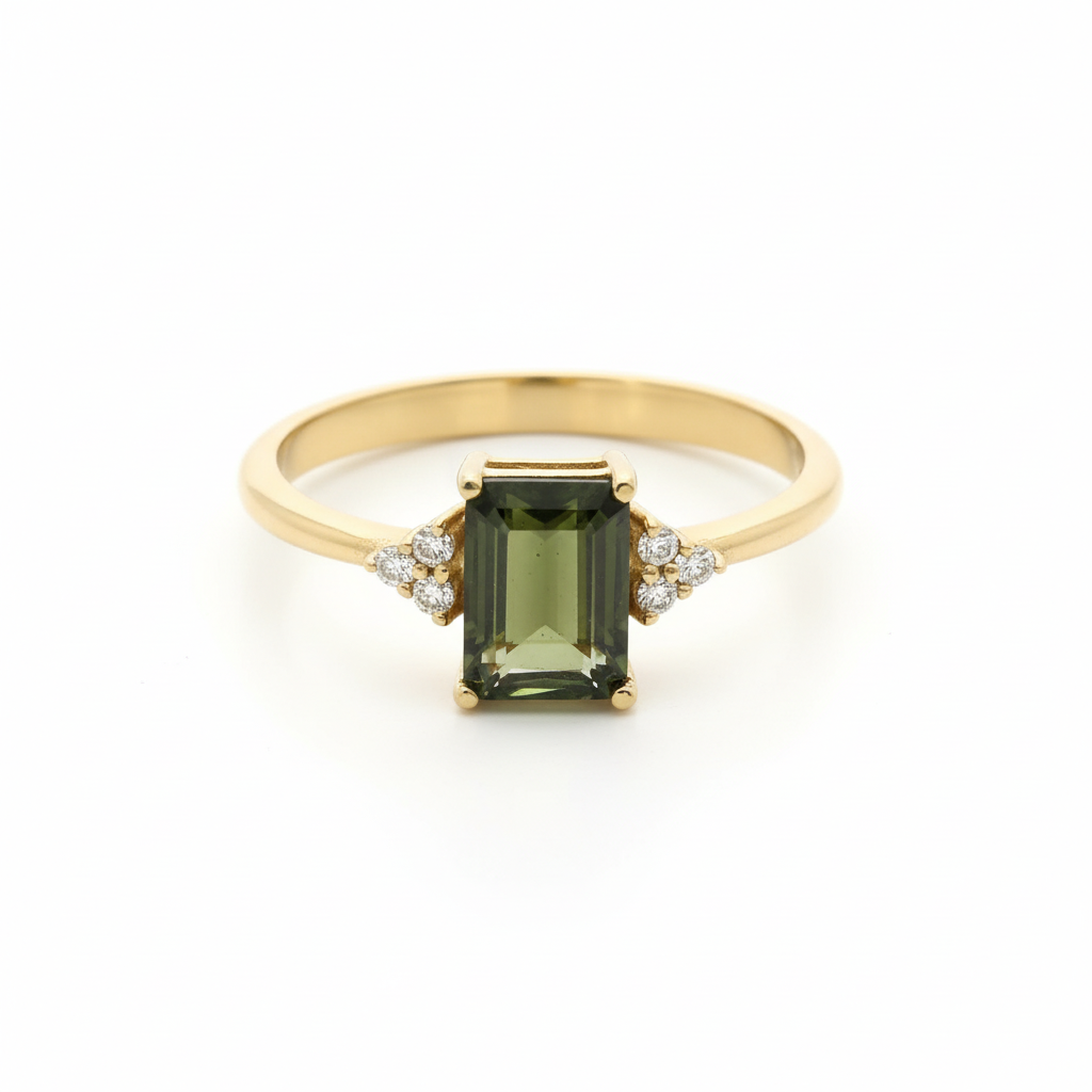 Emerald Cut Moldavite 14K Gold Ring With Diamonds