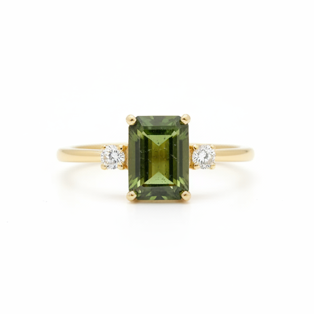 Smaragdschliff Moldavit Verlobungsring mit Diamanten