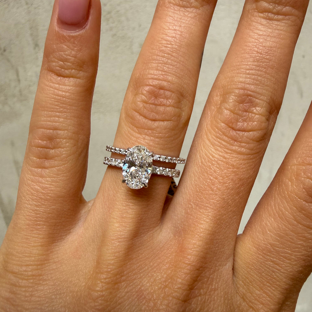 Oval Cut Diamond Engagement Ring with Diamond Band - Lab Grown