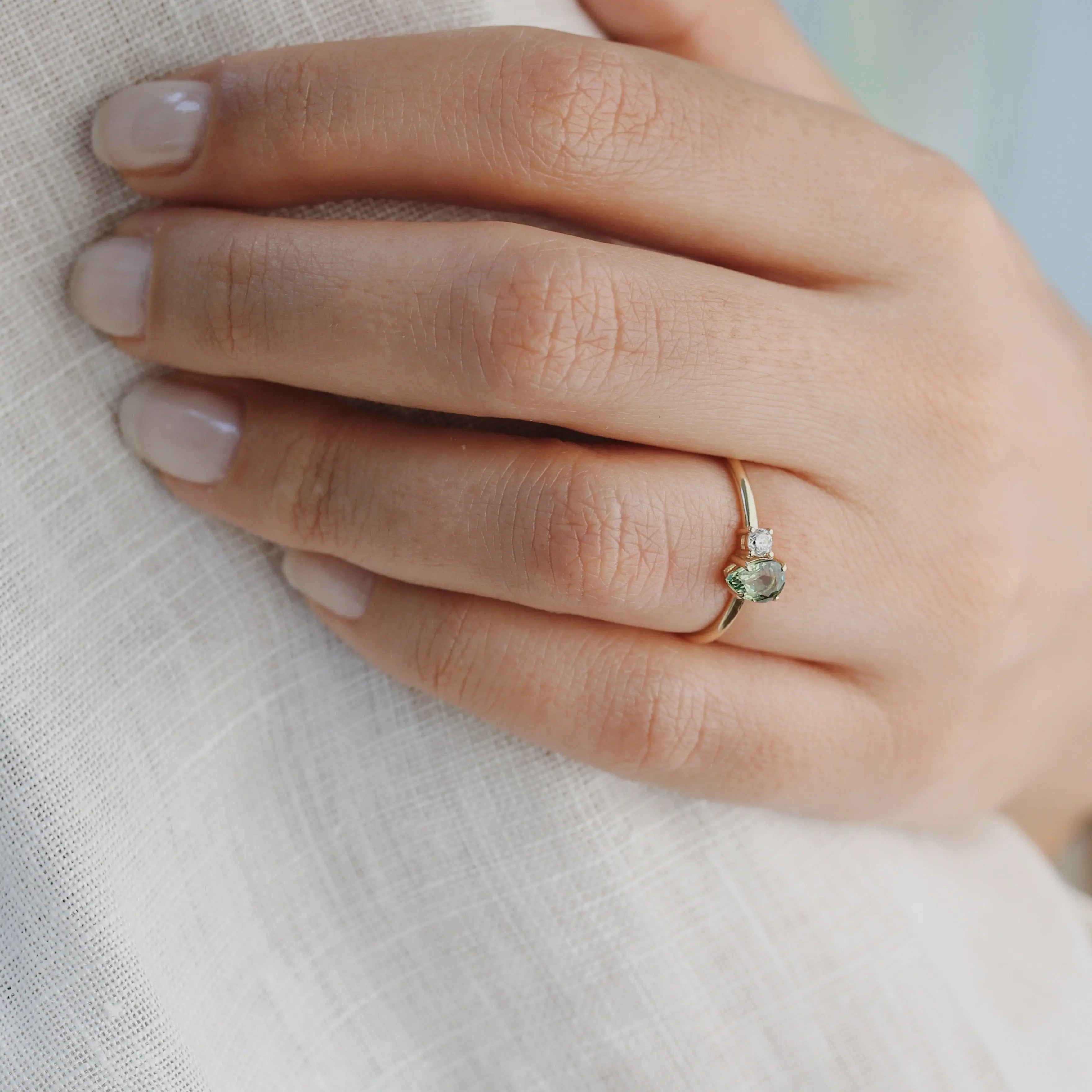 Pear Shape Green Sapphire Engagement Ring With Diamond - Alternative Bridal Orizzo fine jewelry