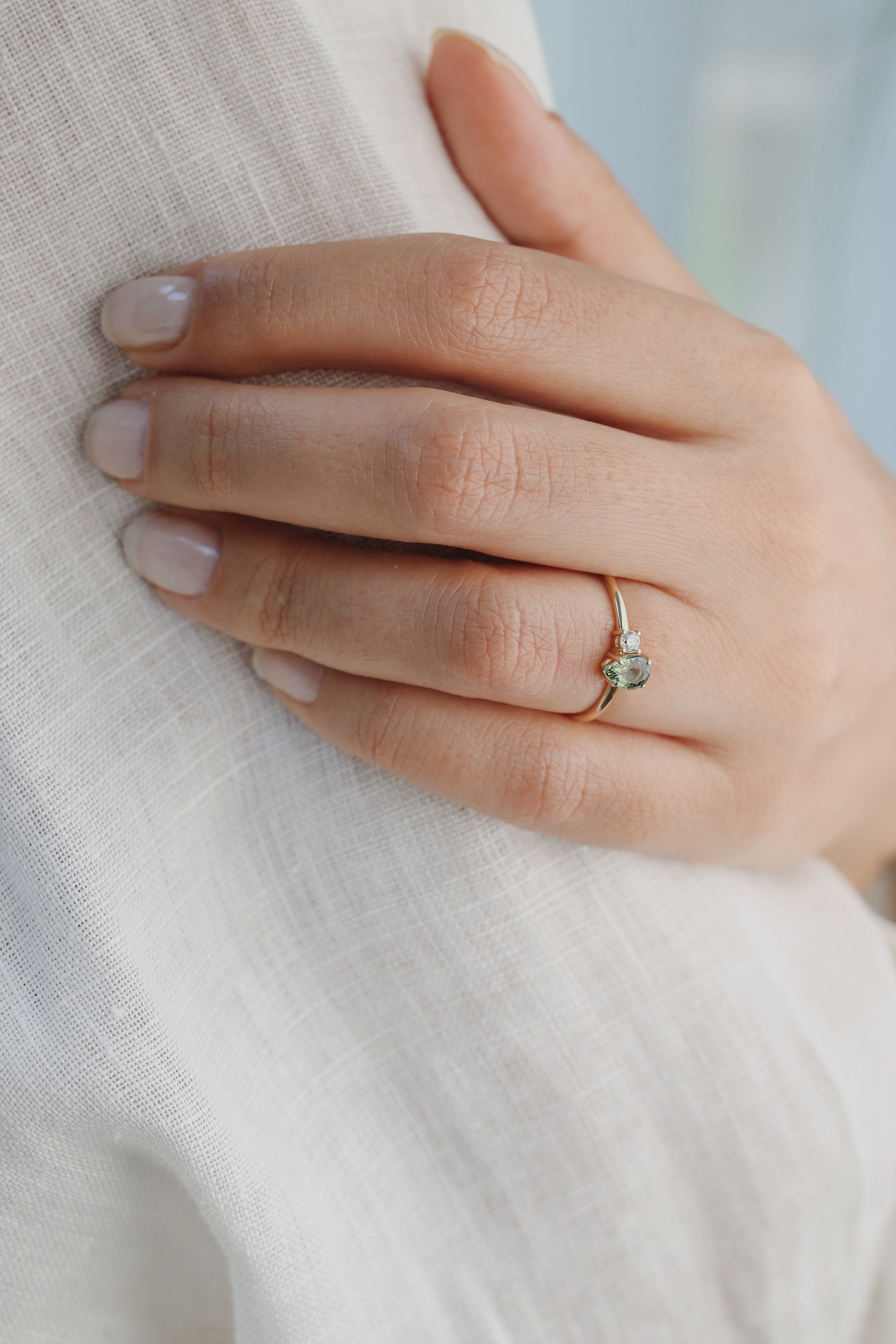 Pear Shape Green Sapphire Engagement Ring With Diamond - Alternative Bridal Orizzo fine jewelry