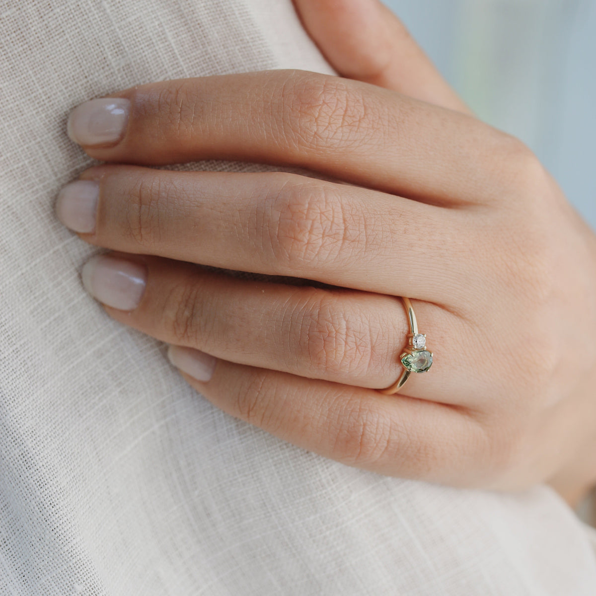 Pear Shape Green Sapphire Engagement Ring With Diamond - Alternative Bridal Orizzo fine jewelry