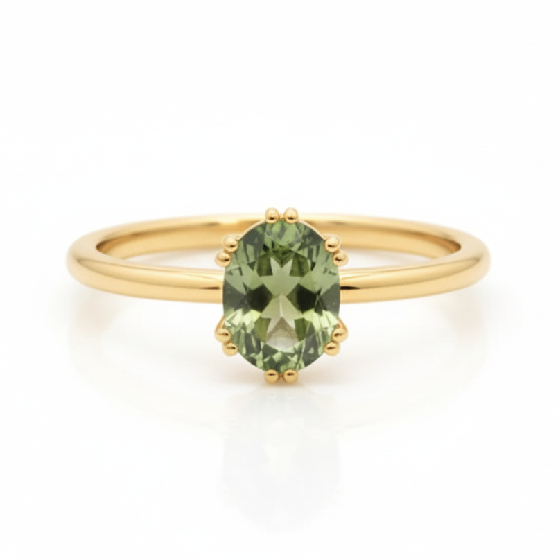 Faceted Oval Moldavite In 14K Gold