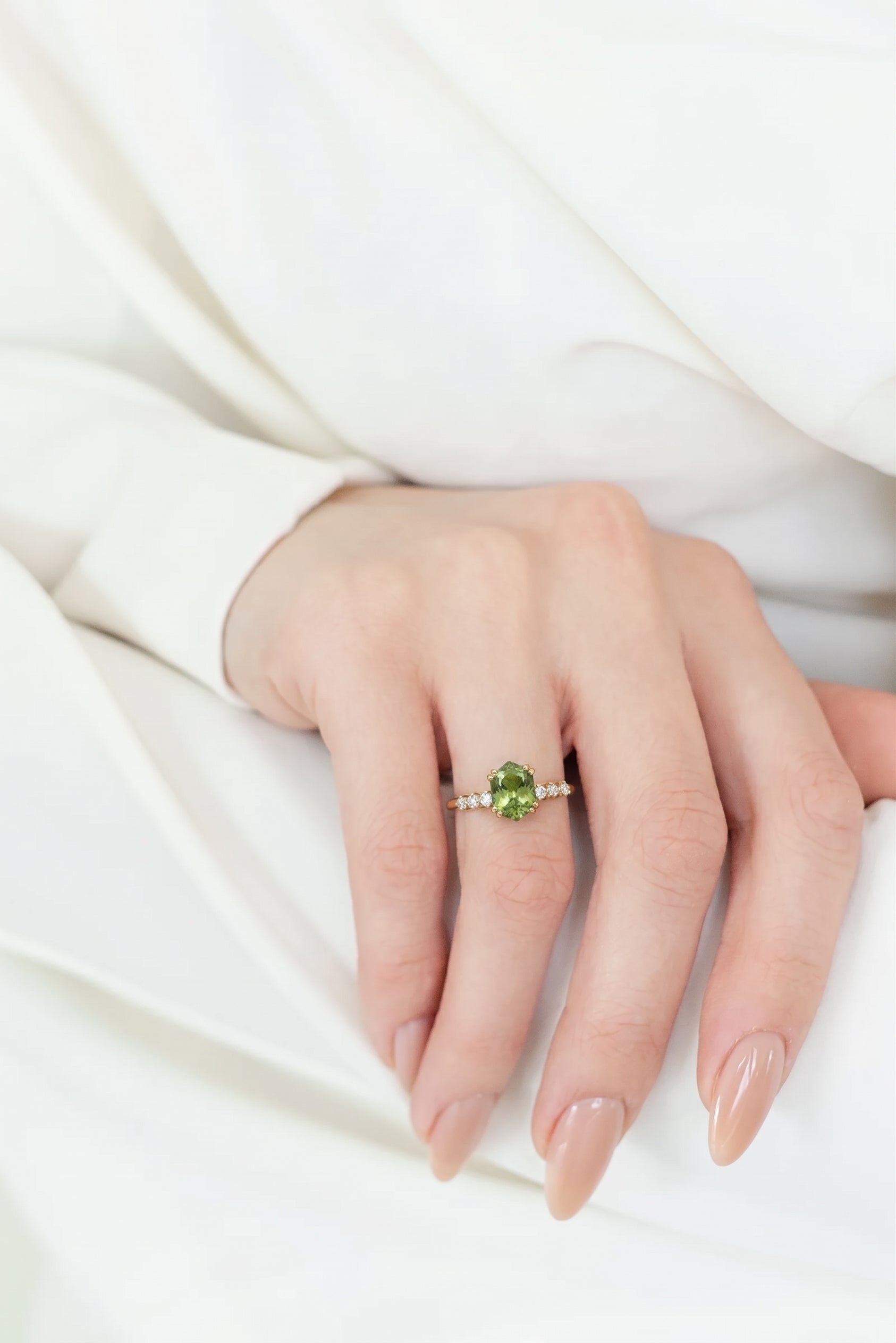Hexagon Cut Moldavite Ring With Diamond