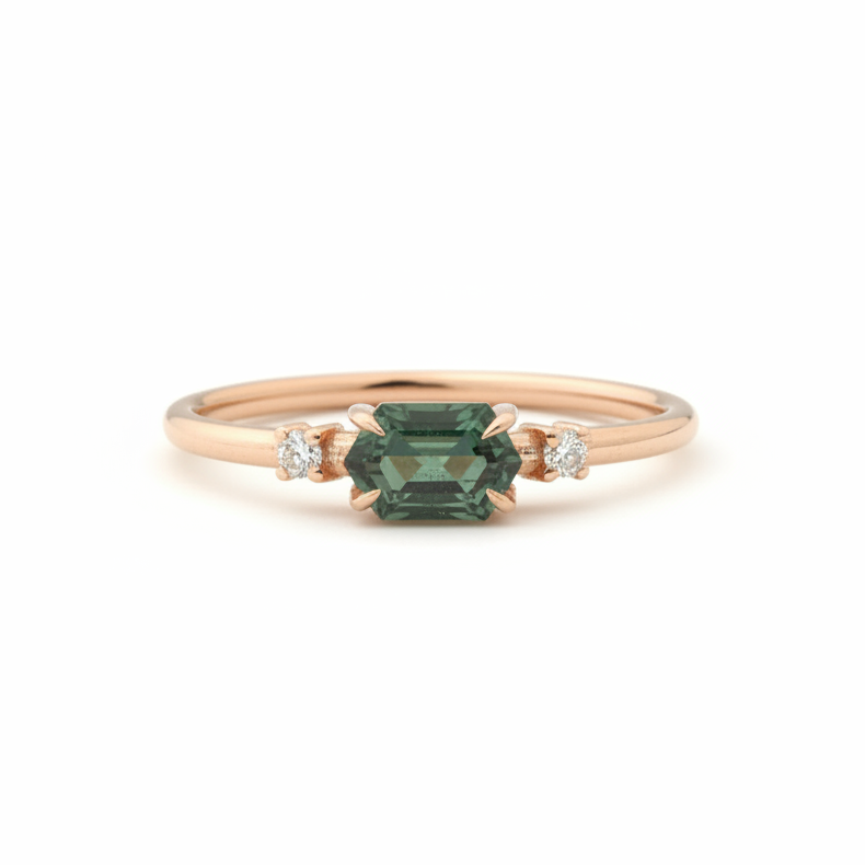 Horizontal Hexagon Green Sapphire Engagement Ring with Diamond