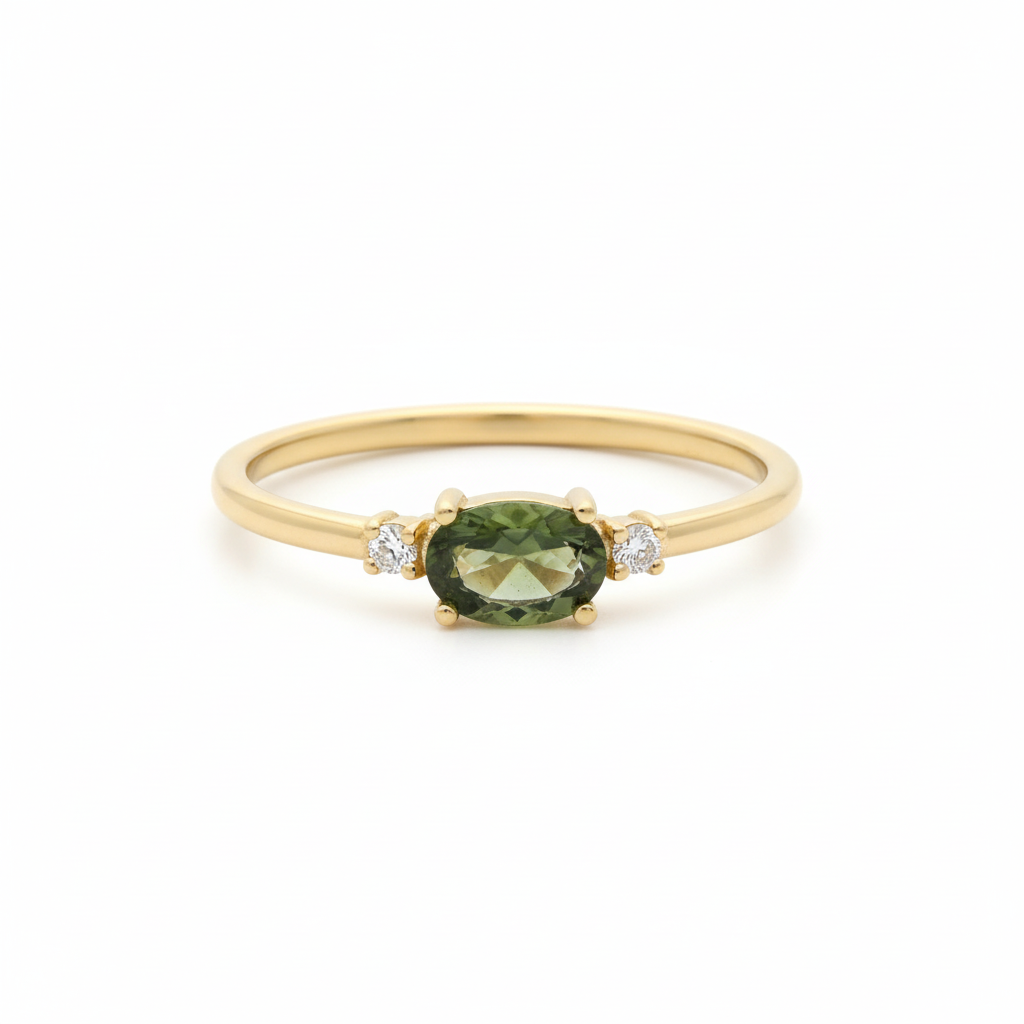 Horizontal Moldavite Ring With Diamond