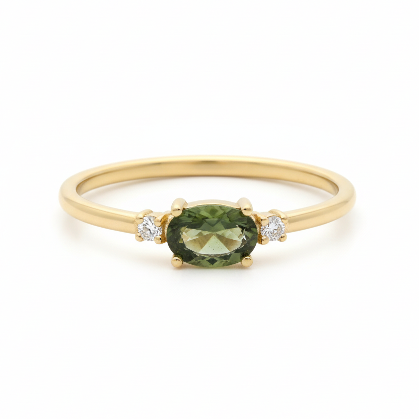 Horizontal Moldavite Ring With Diamond