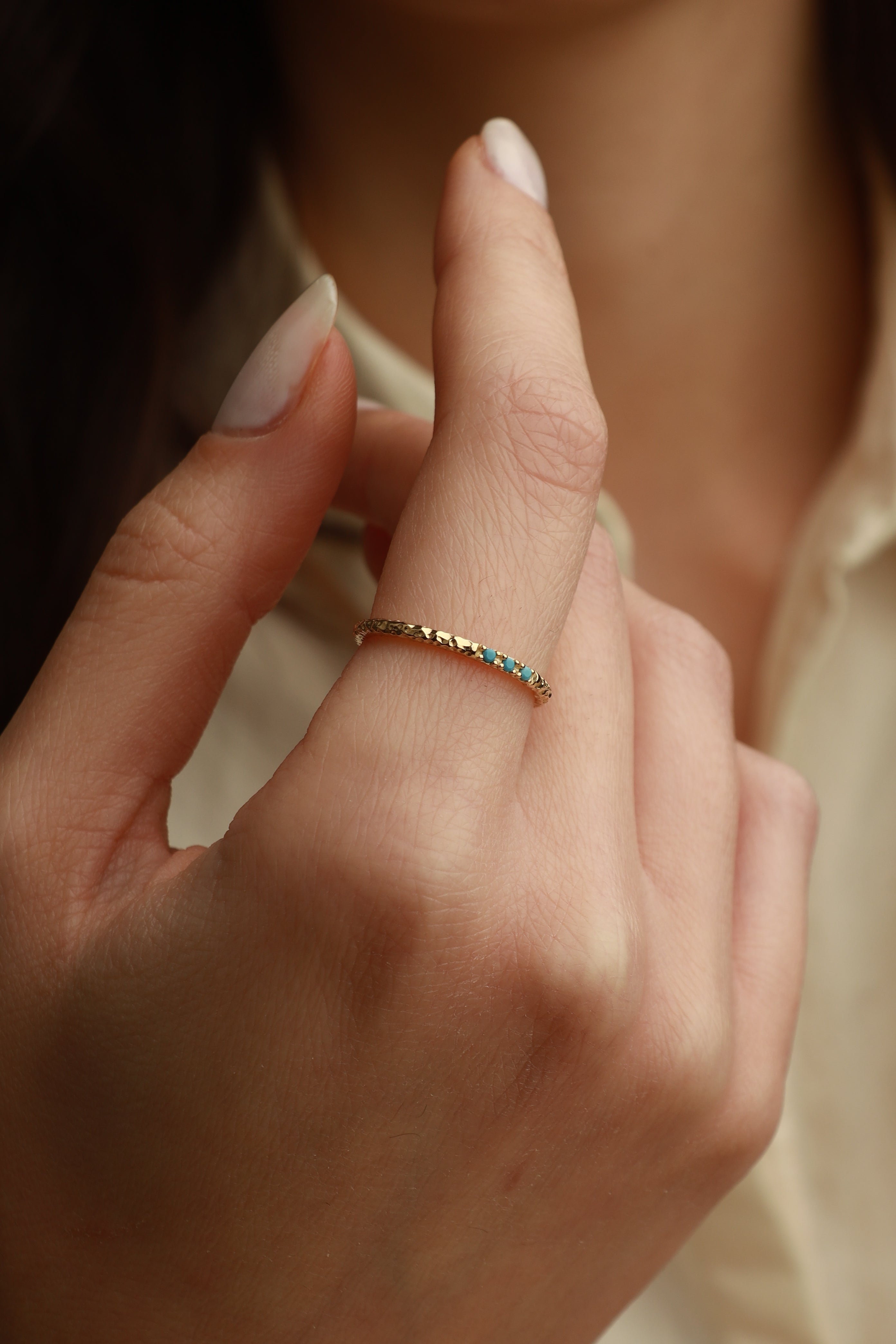 Hammered Gold Ring With Turquoise Stones in 14k Gold