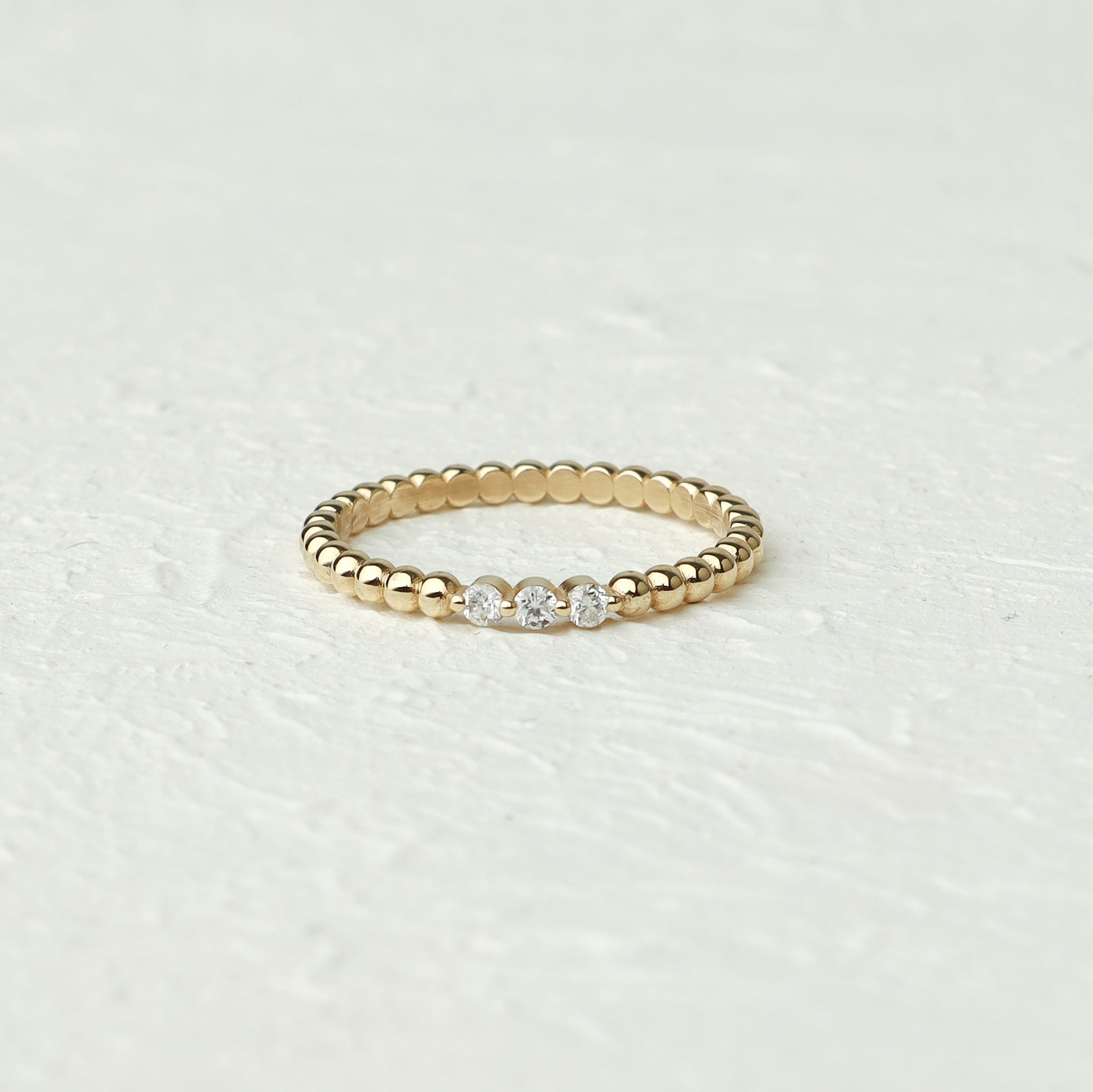 Beaded Gold Ring With Three Diamonds  In 14K Solid Gold