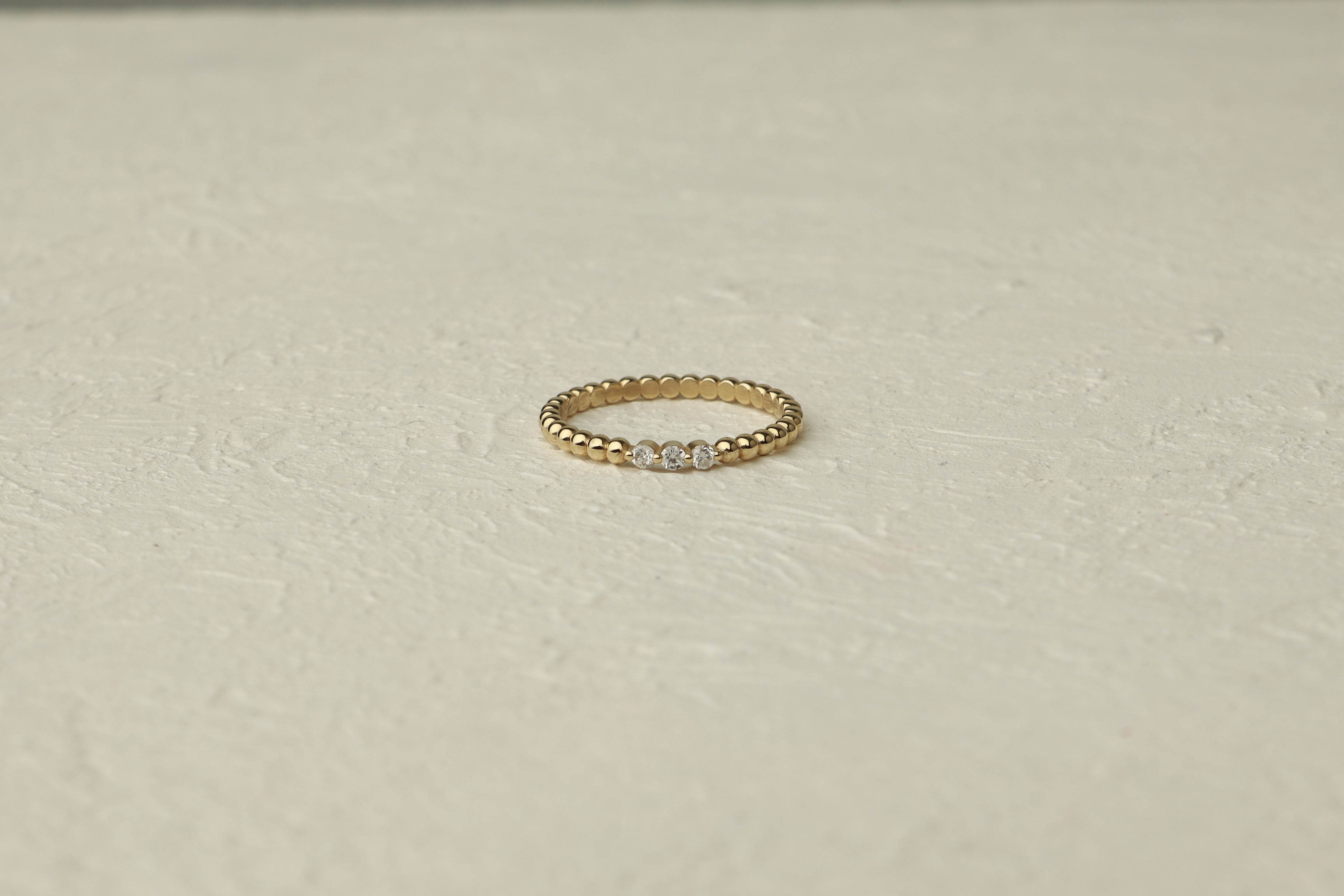 Beaded Gold Ring With Three Diamonds In 14K Solid Gold