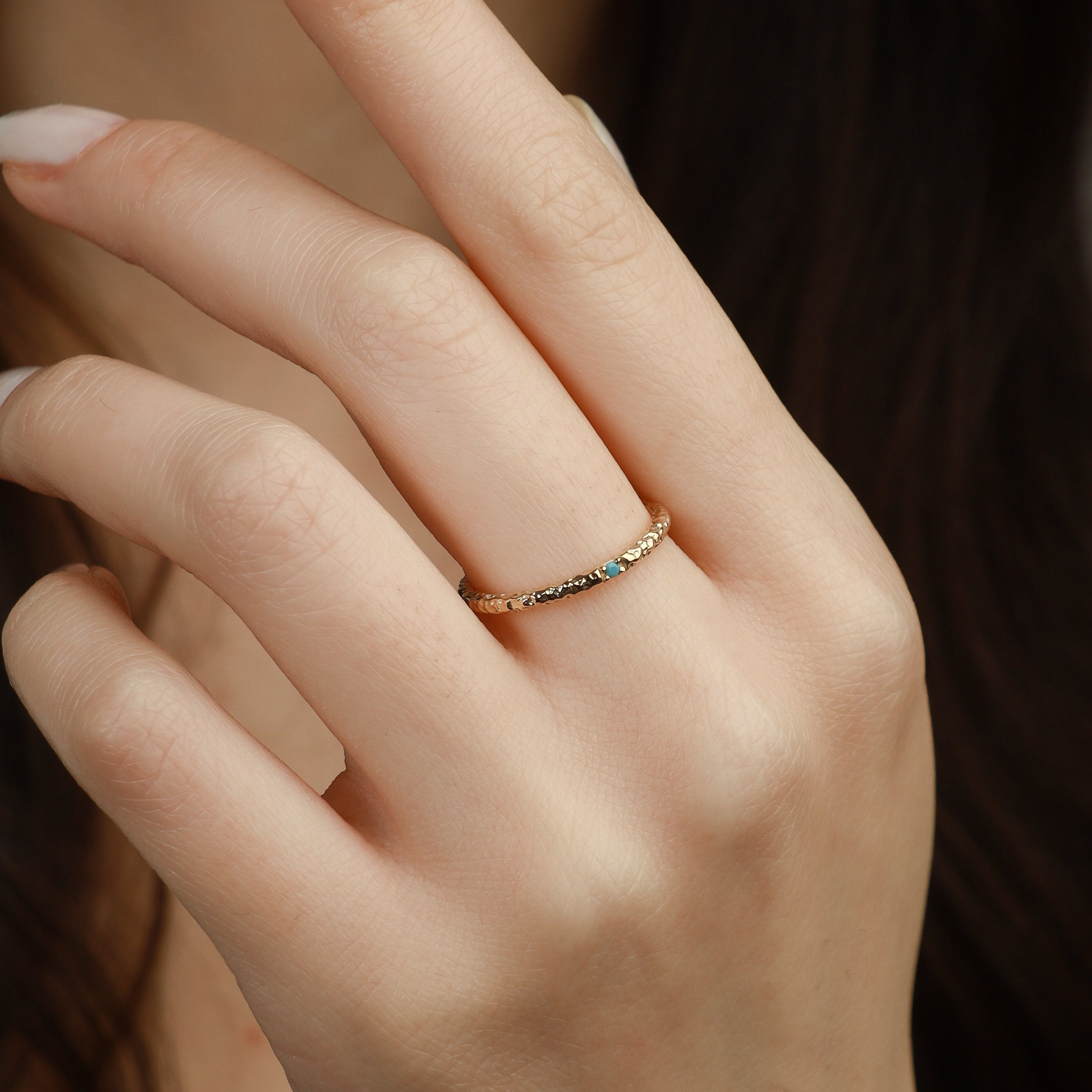 Hammered Gold Ring With Turquoise in 14k Gold