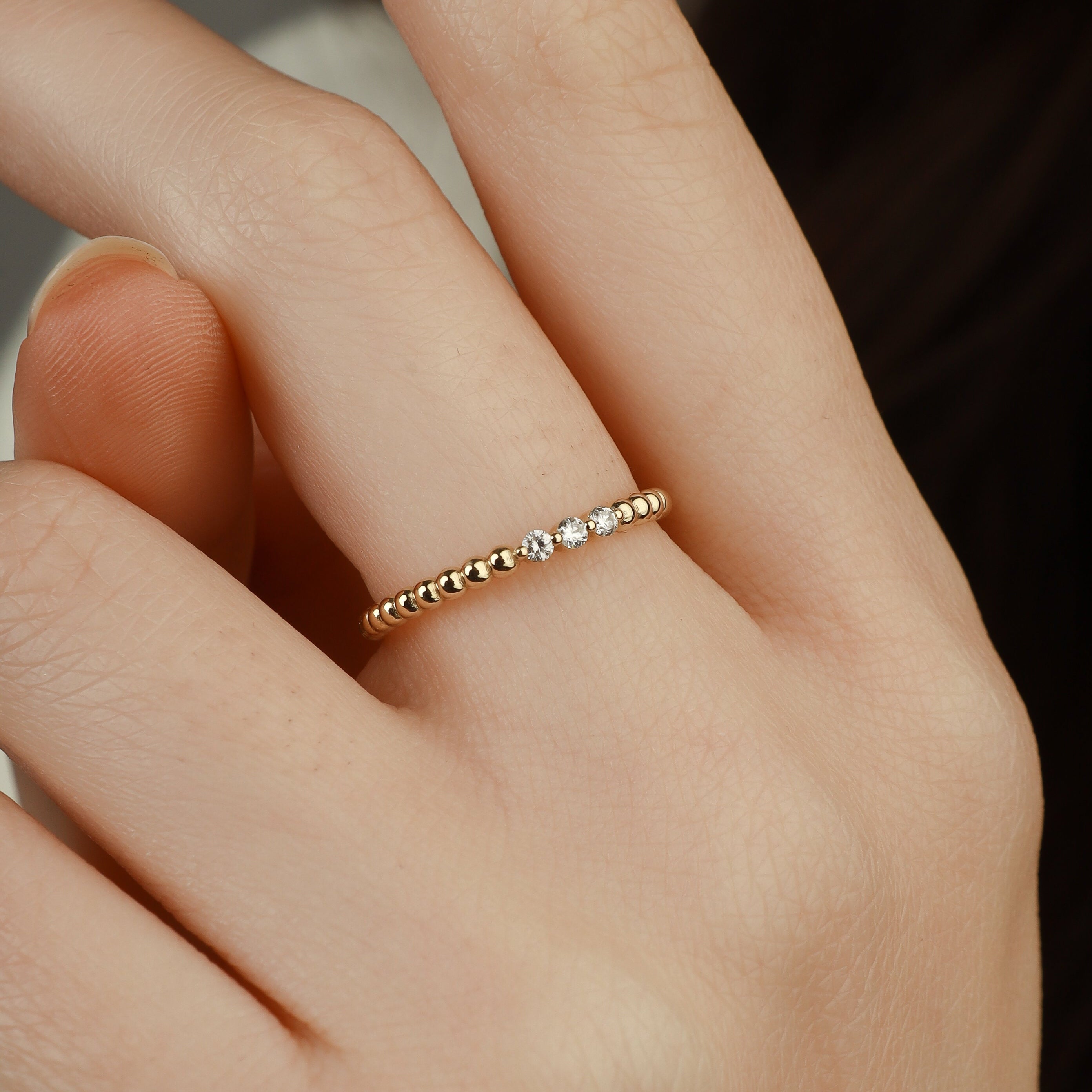 Beaded Gold Ring With Three Diamonds  In 14K Solid Gold
