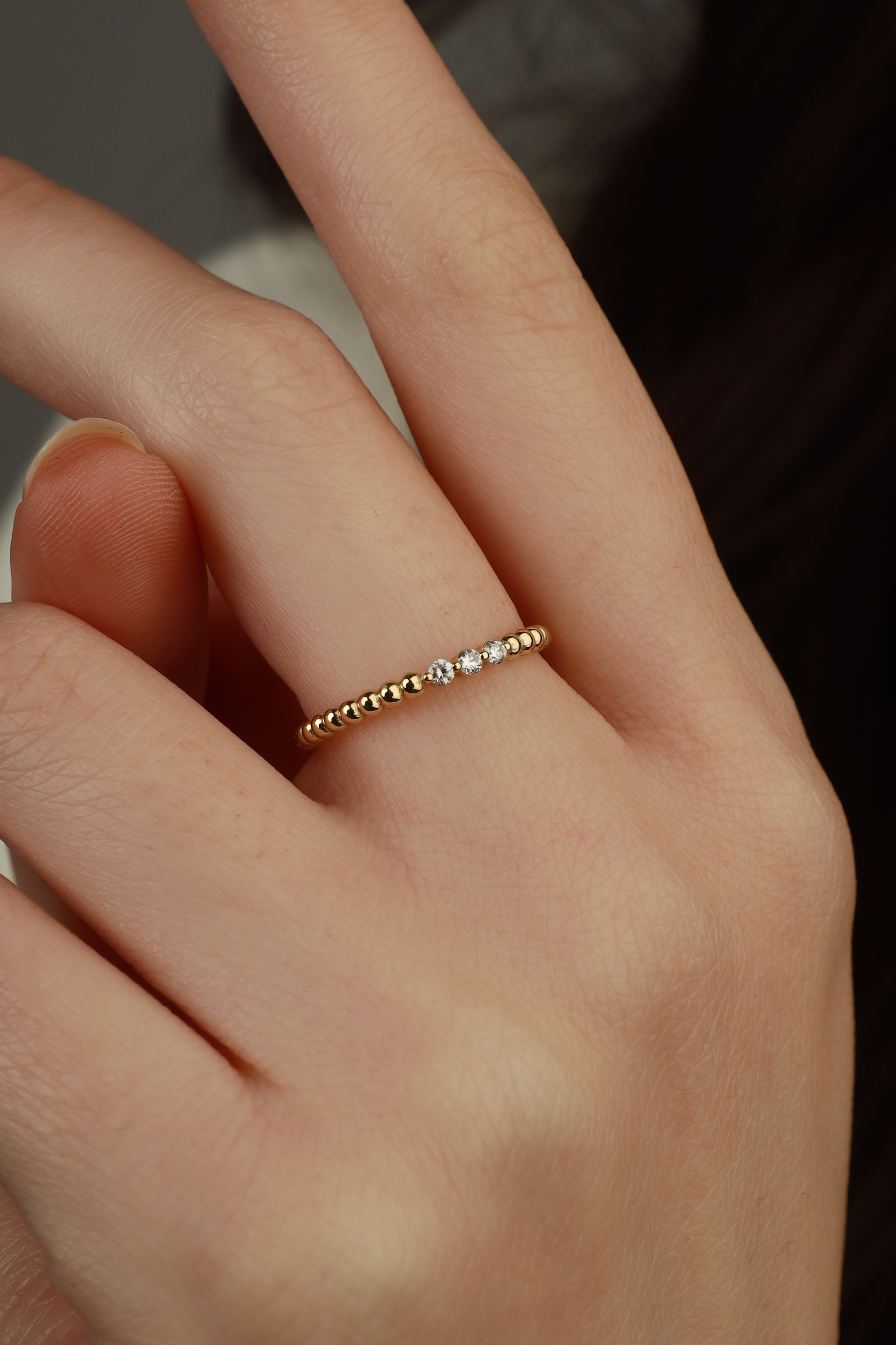 Beaded Gold Ring With Three Diamonds In 14K Solid Gold