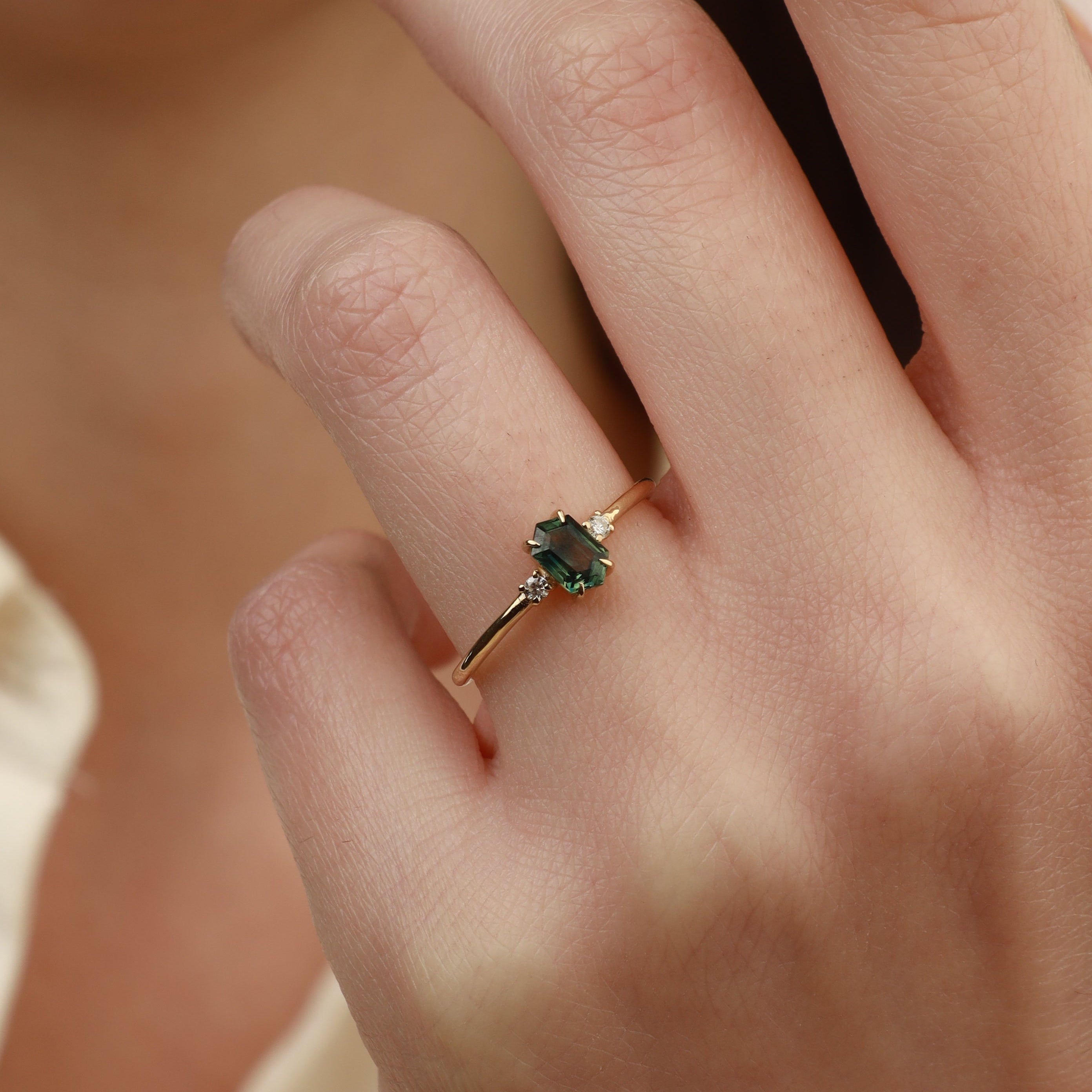 Hexagon Green Sapphire Three Stone Engagement Ring With Diamond Orizzo fine jewelry