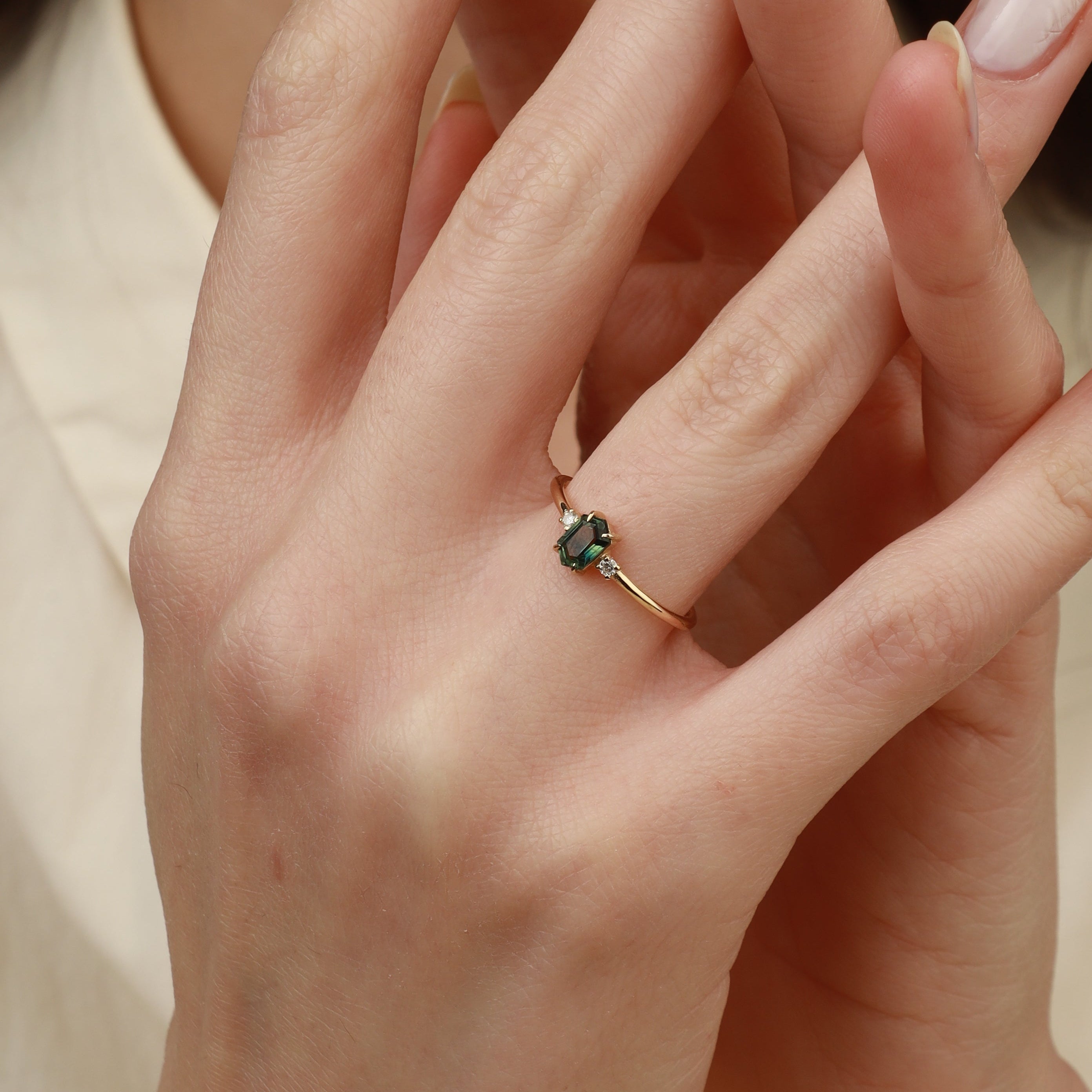 Hexagon Green Sapphire Three Stone Engagement Ring With Diamond Orizzo fine jewelry