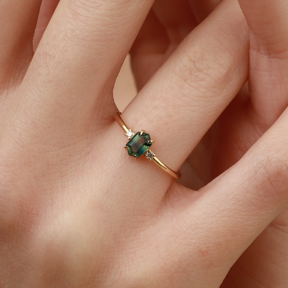 Hexagon Green Sapphire Three Stone Engagement Ring With Diamond Orizzo fine jewelry